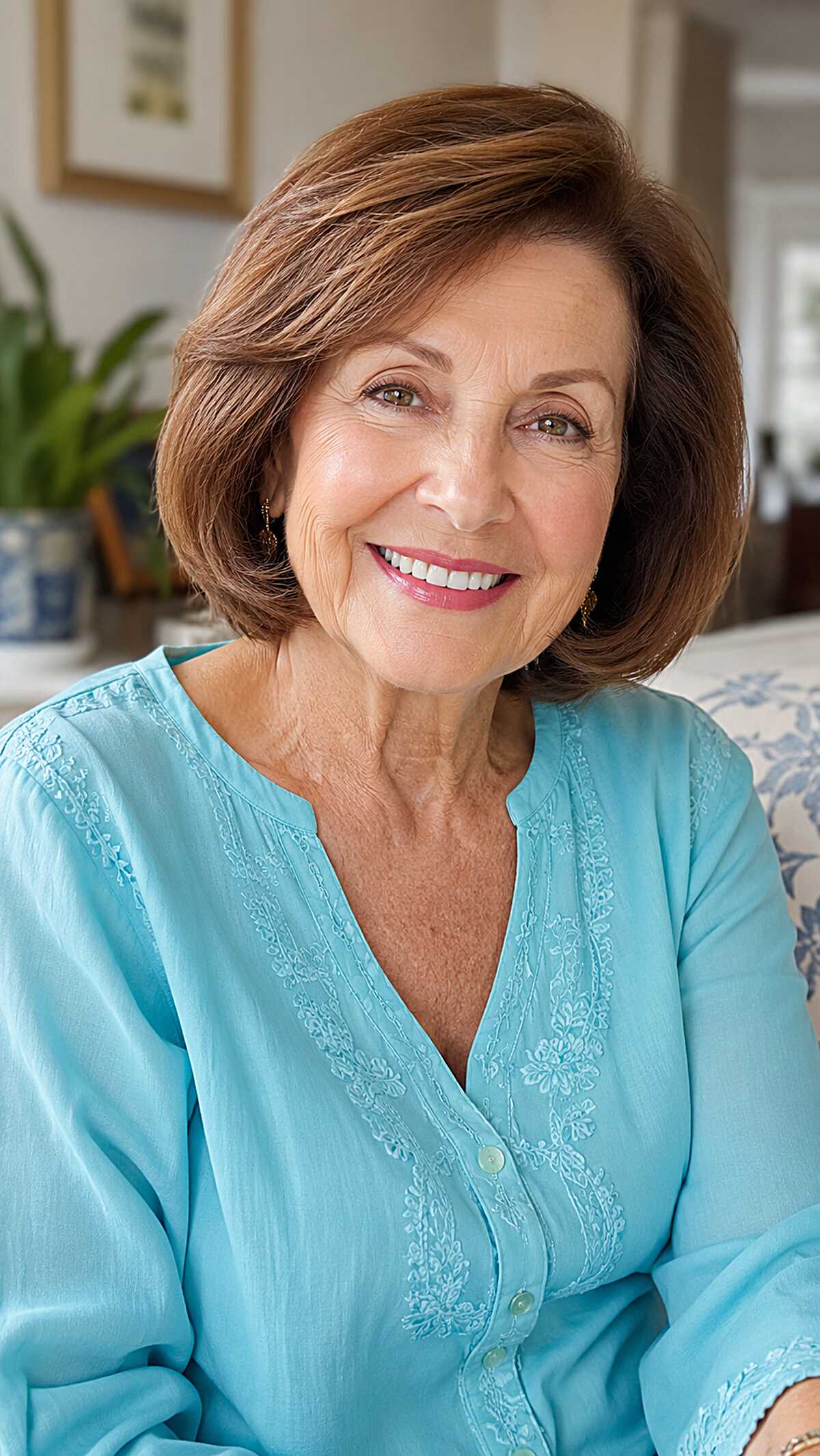 Warm chestnut full-bodied bob with face-framing layers