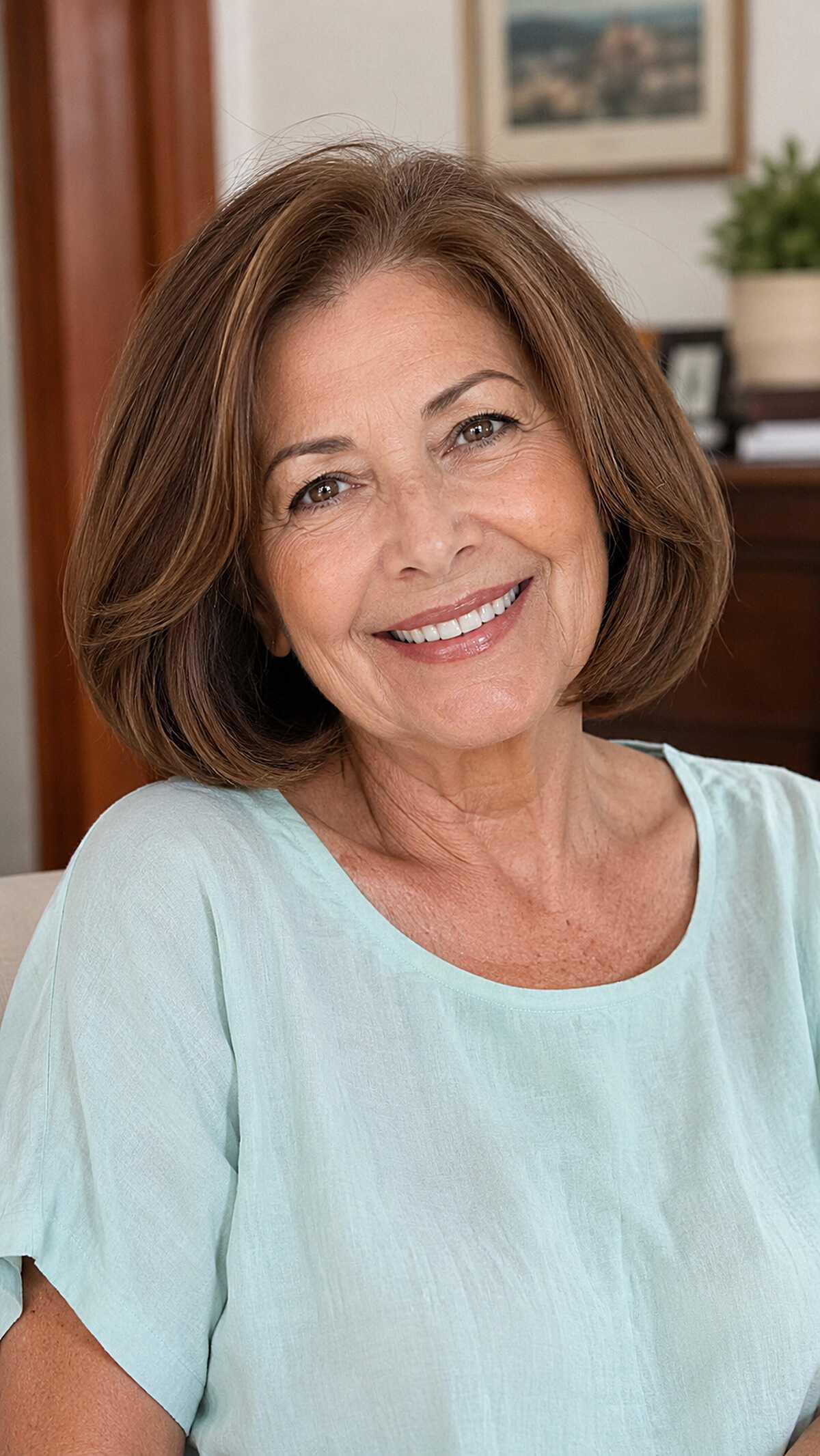 Warm chocolate brown rounded bob with soft volume