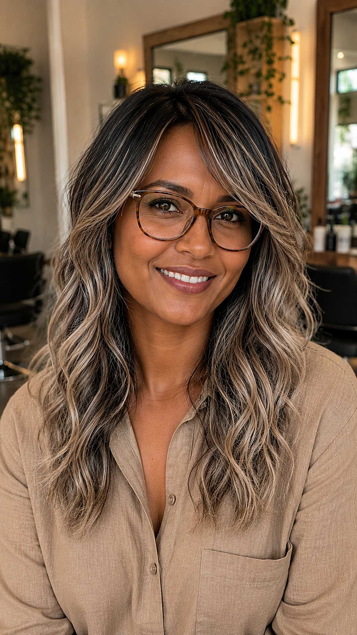 Wavy Ash Blonde Balayage on a Dark Base with Curtain Pieces and Warm Brown Skin