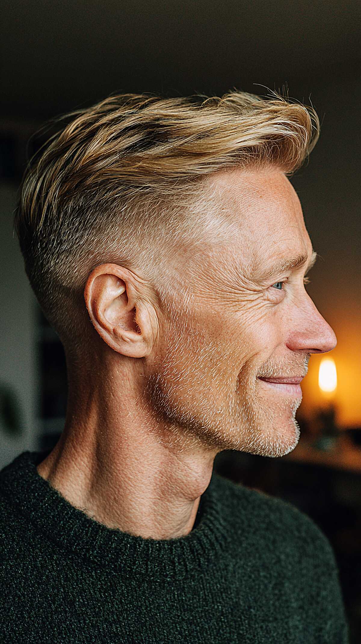 Blonde Swept-Back Pomp with a Scissor-Tapered Fade