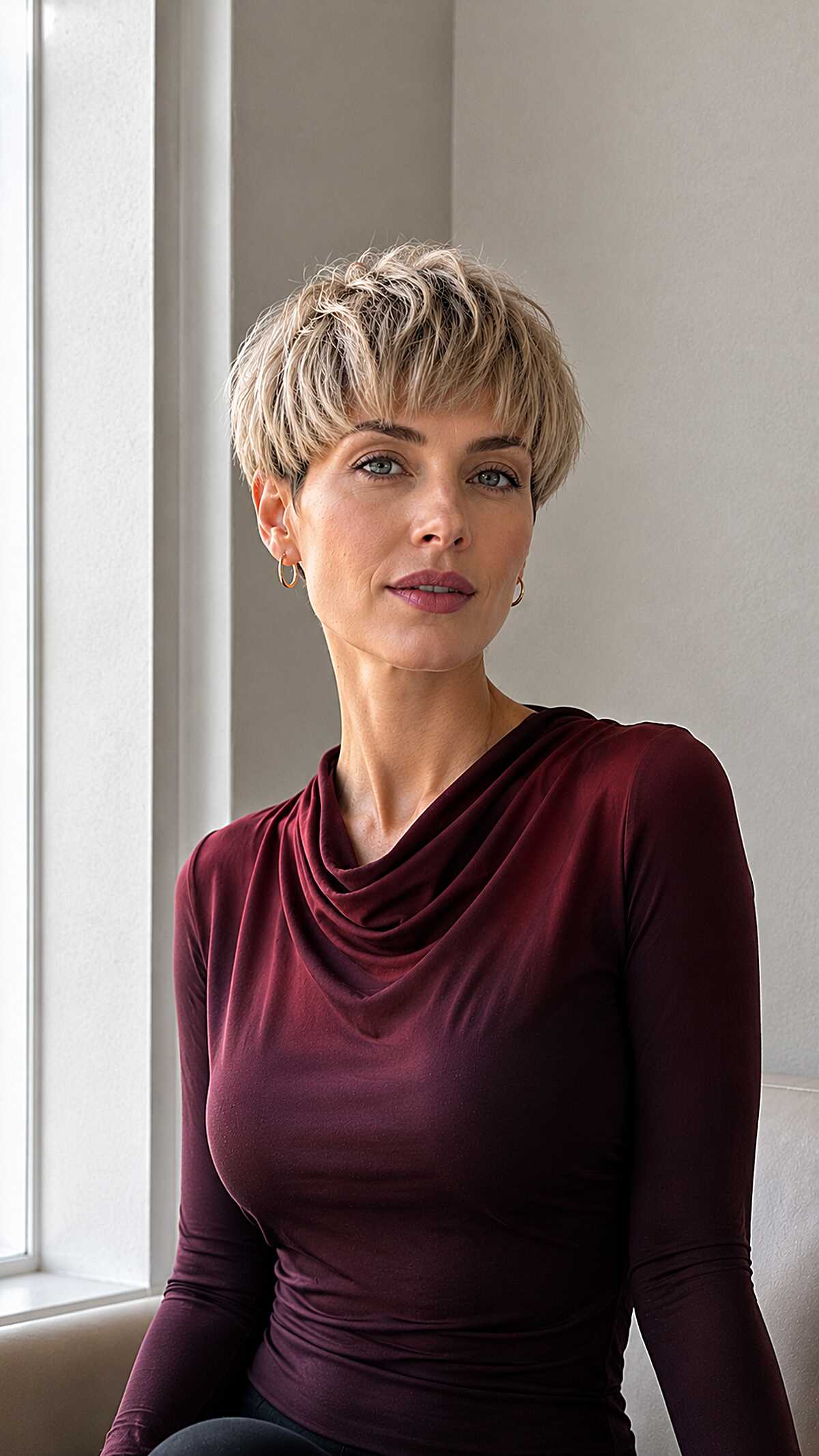 Ash blonde pixie with soft layered texture on top
