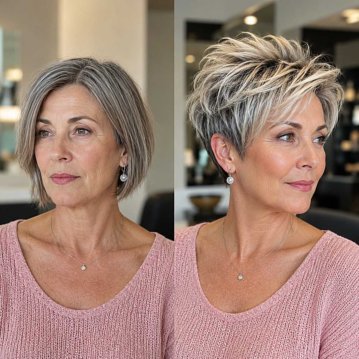Before and after bob to textured pixie transformation