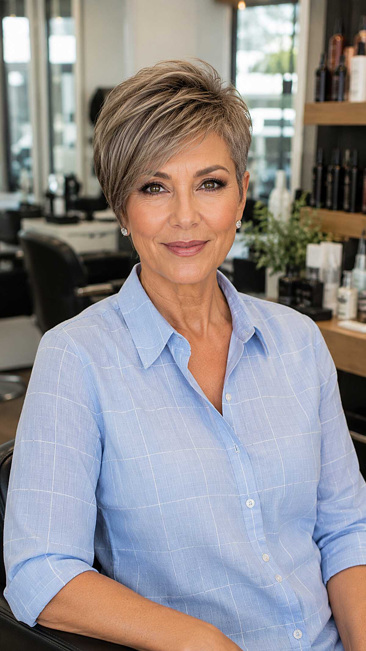 Ash blonde side-swept pixie with clean tapered sides