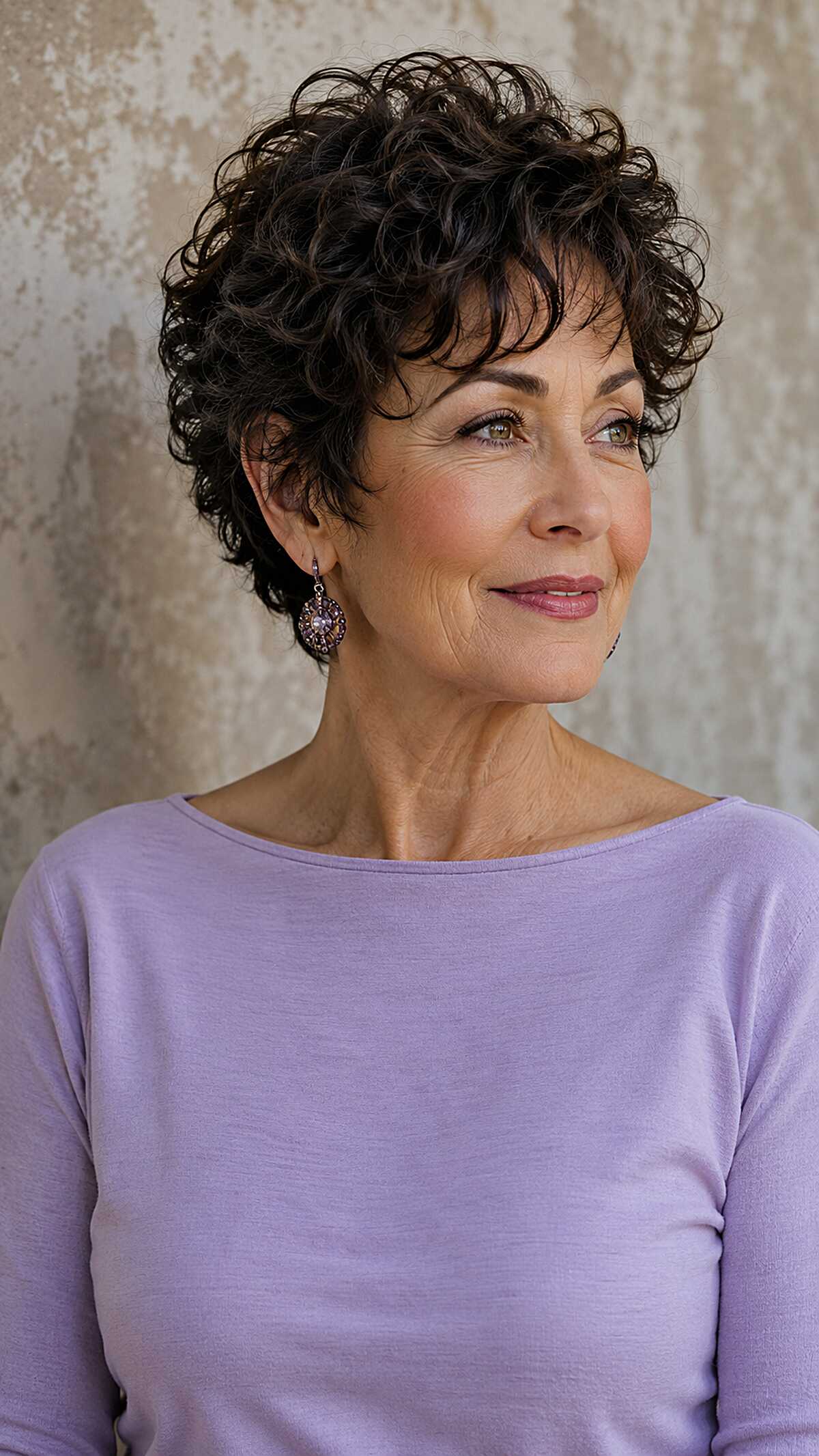 Short dark curly pixie with natural spiral texture