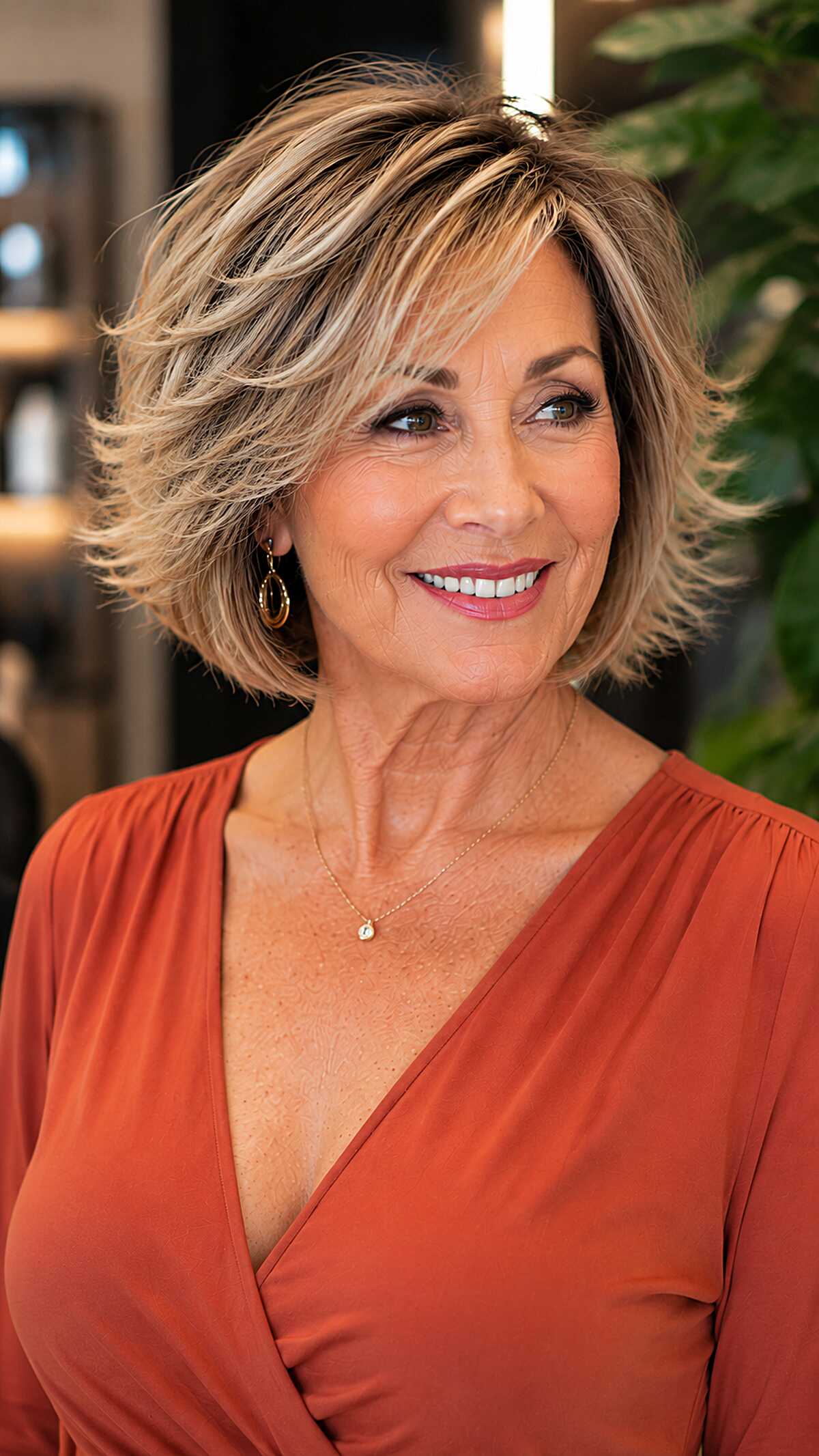 Layered blonde bob with flipped ends and side part