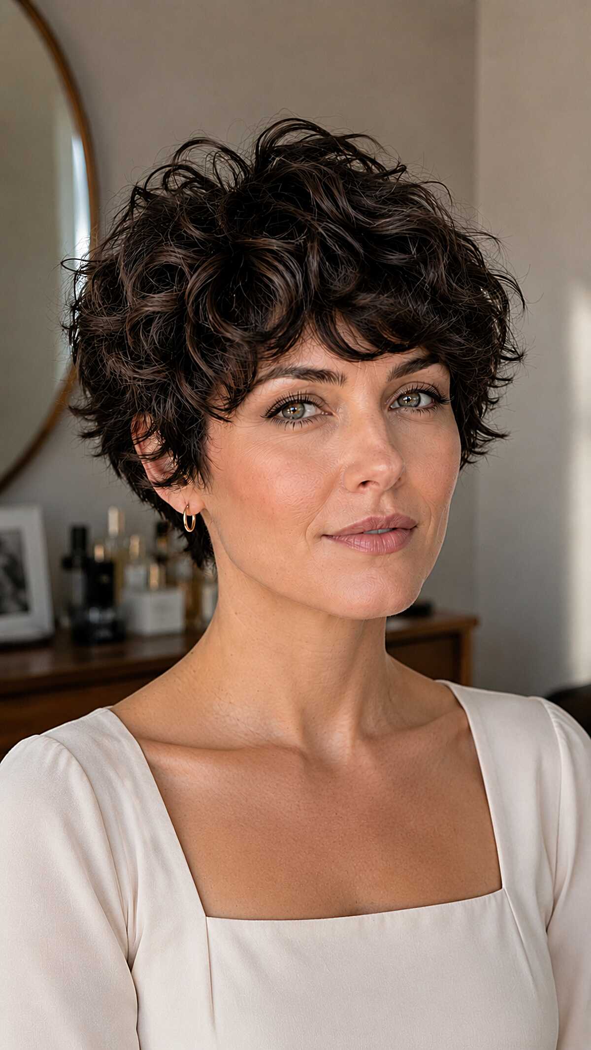 Short dark curly crop with natural volume and texture