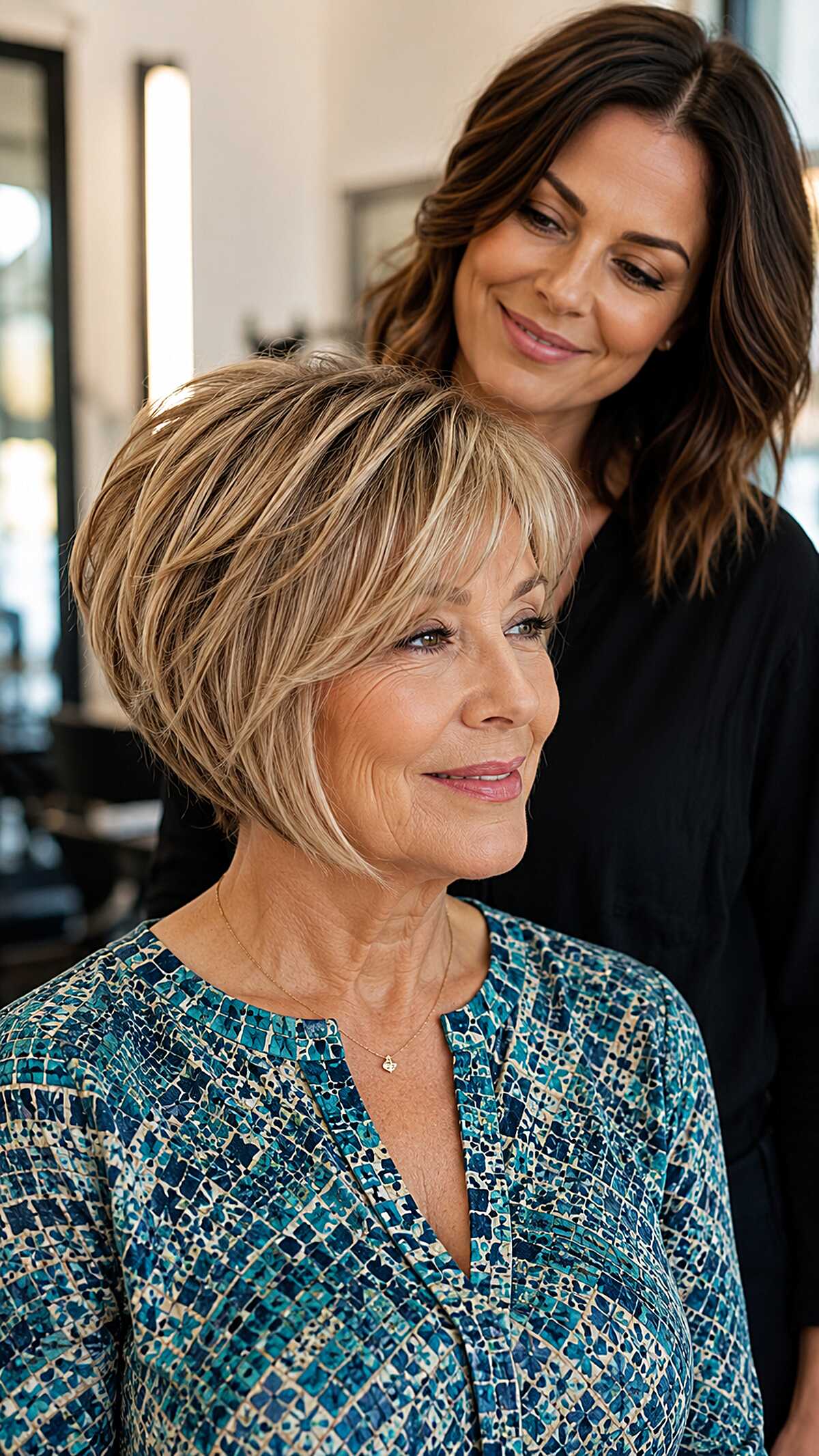 Chin-length layered bob with blonde highlights