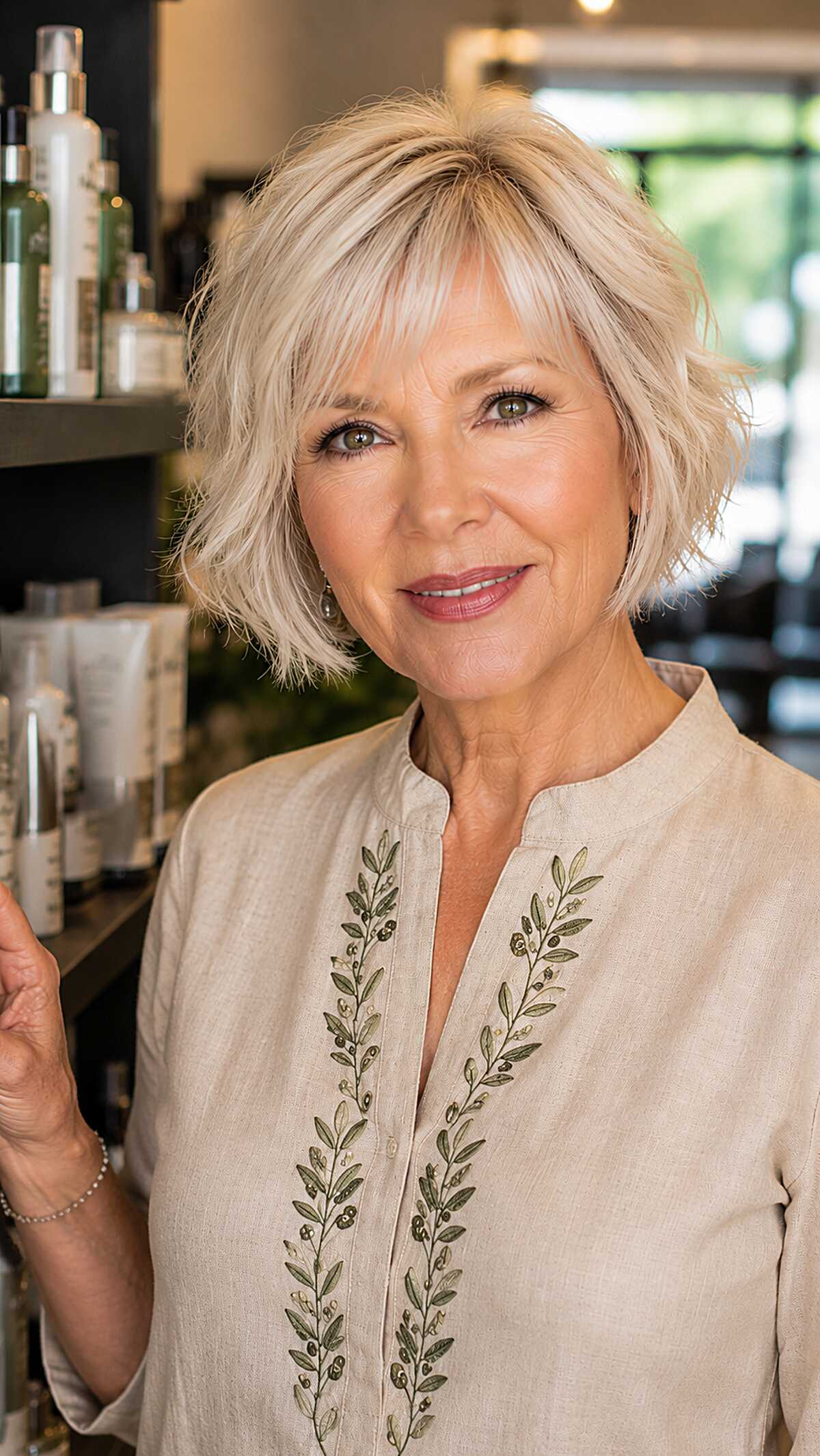 Chin-length platinum blonde bob with choppy layers