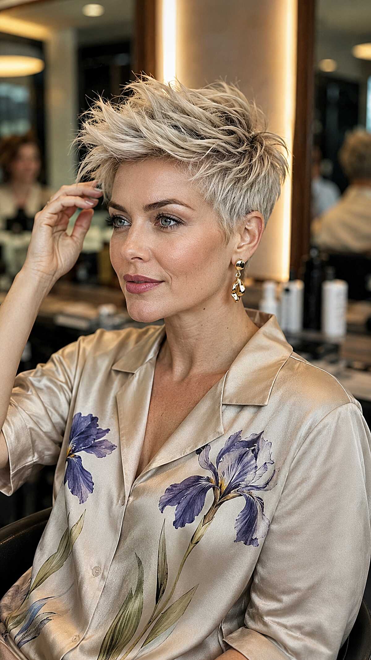Platinum blonde pixie styled swept back with volume