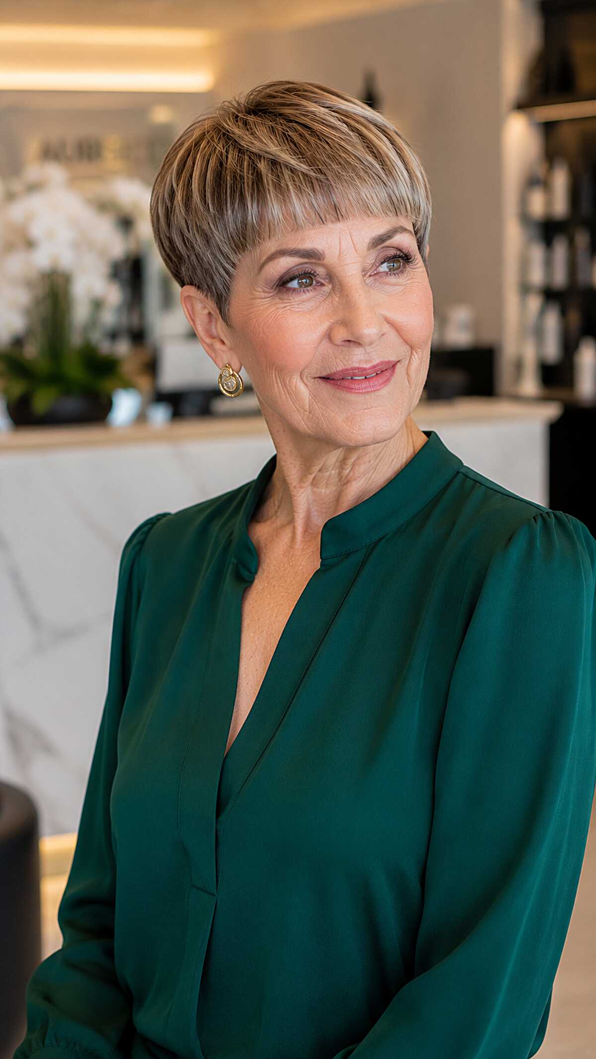 Neat highlighted pixie with full bangs and tapered back