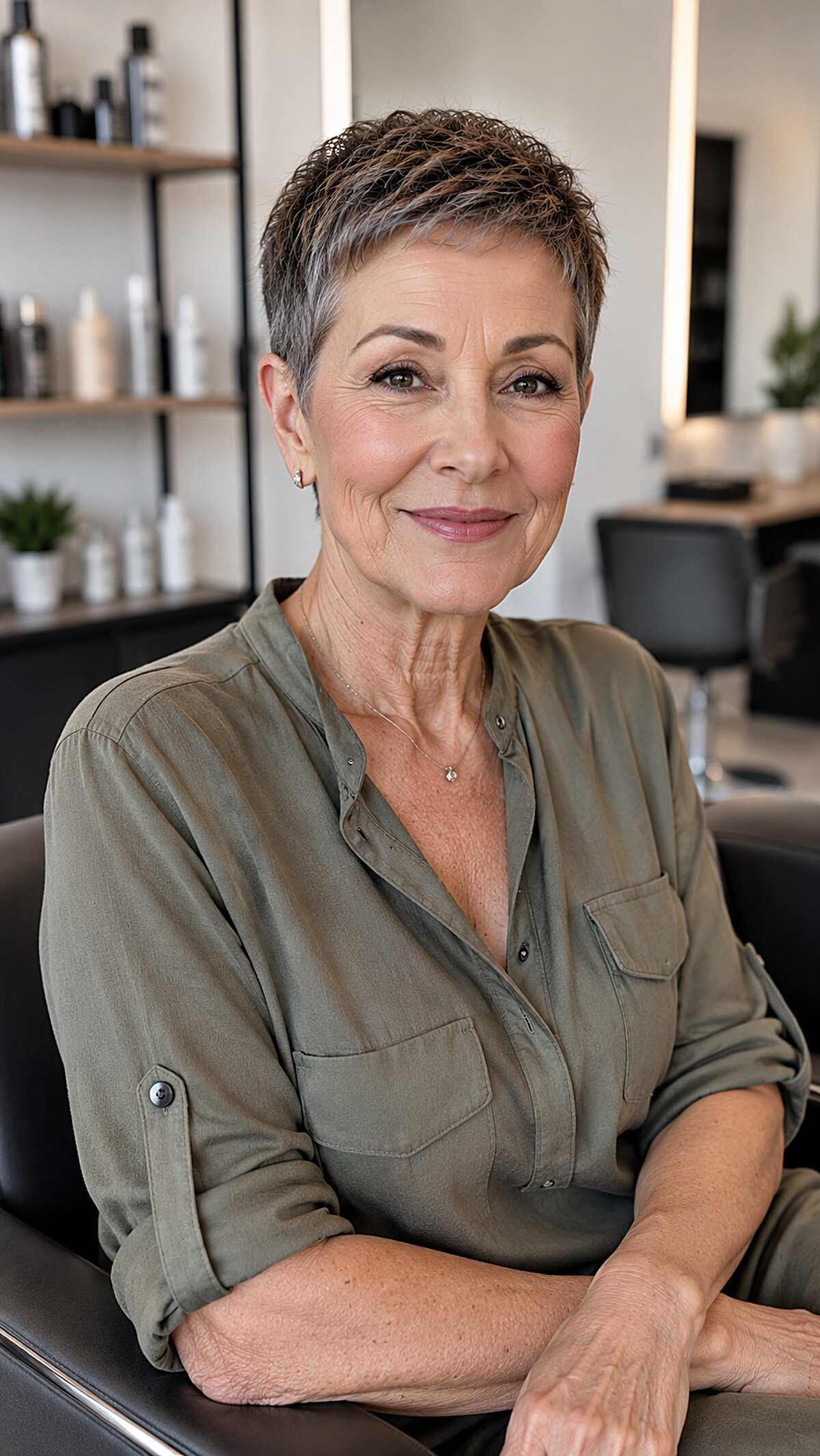 Very short salt-and-pepper textured crop on older woman