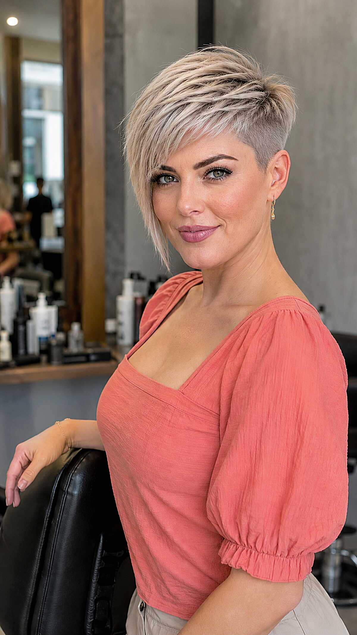 Silver blonde undercut pixie with long swept top layers