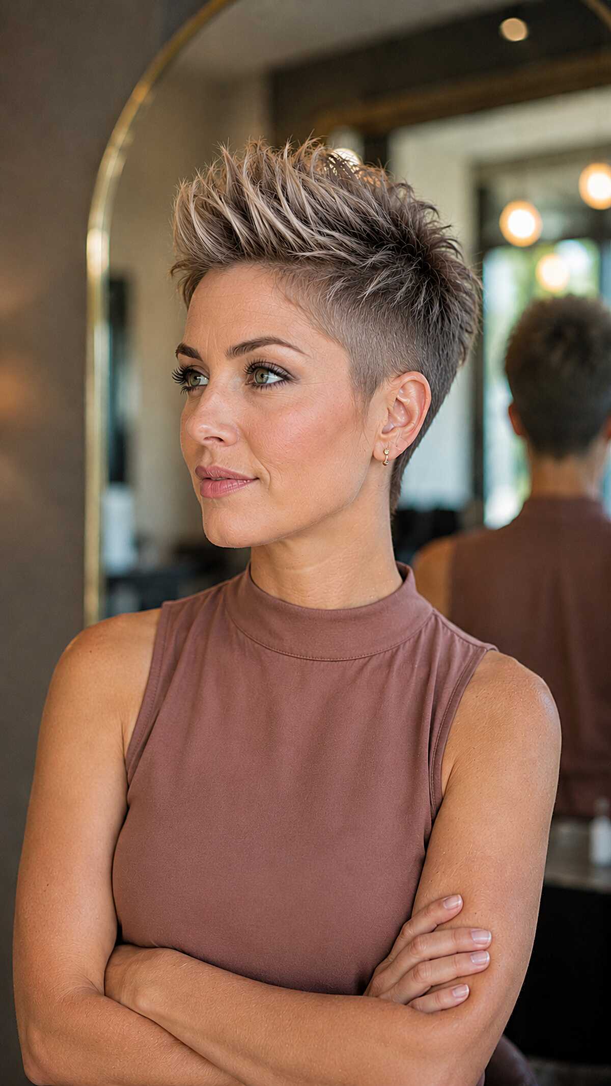 Blonde spiked pixie with faded sides and height on top