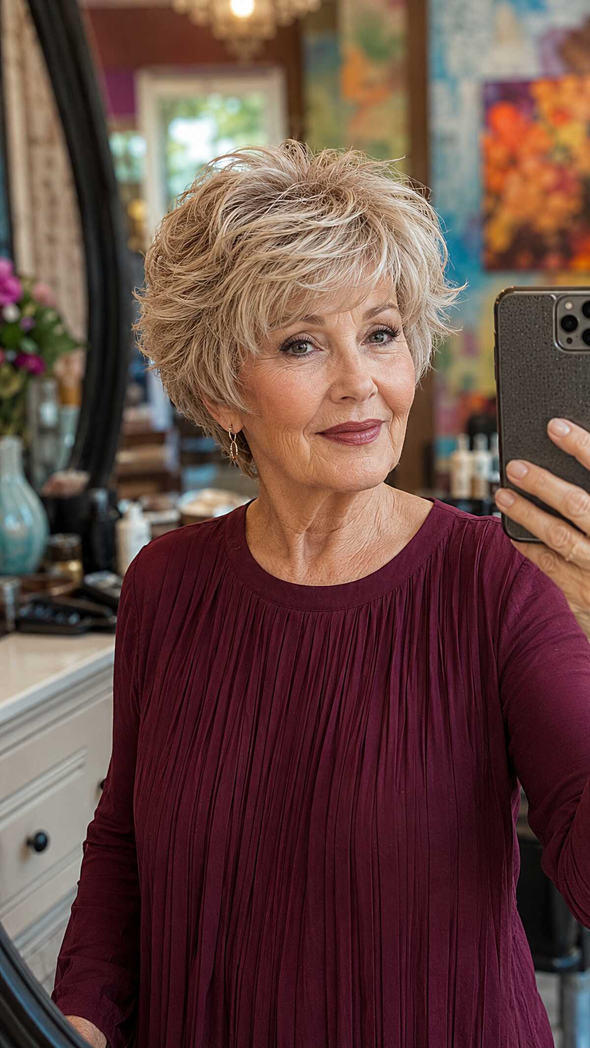 Tousled silver blonde short shag with flipped layers