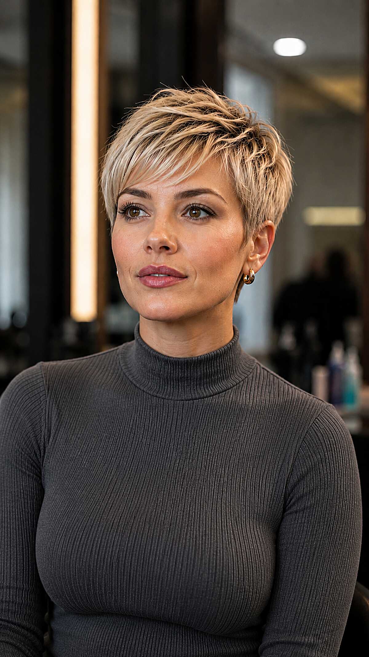 Warm blonde tapered pixie with piece-y textured top