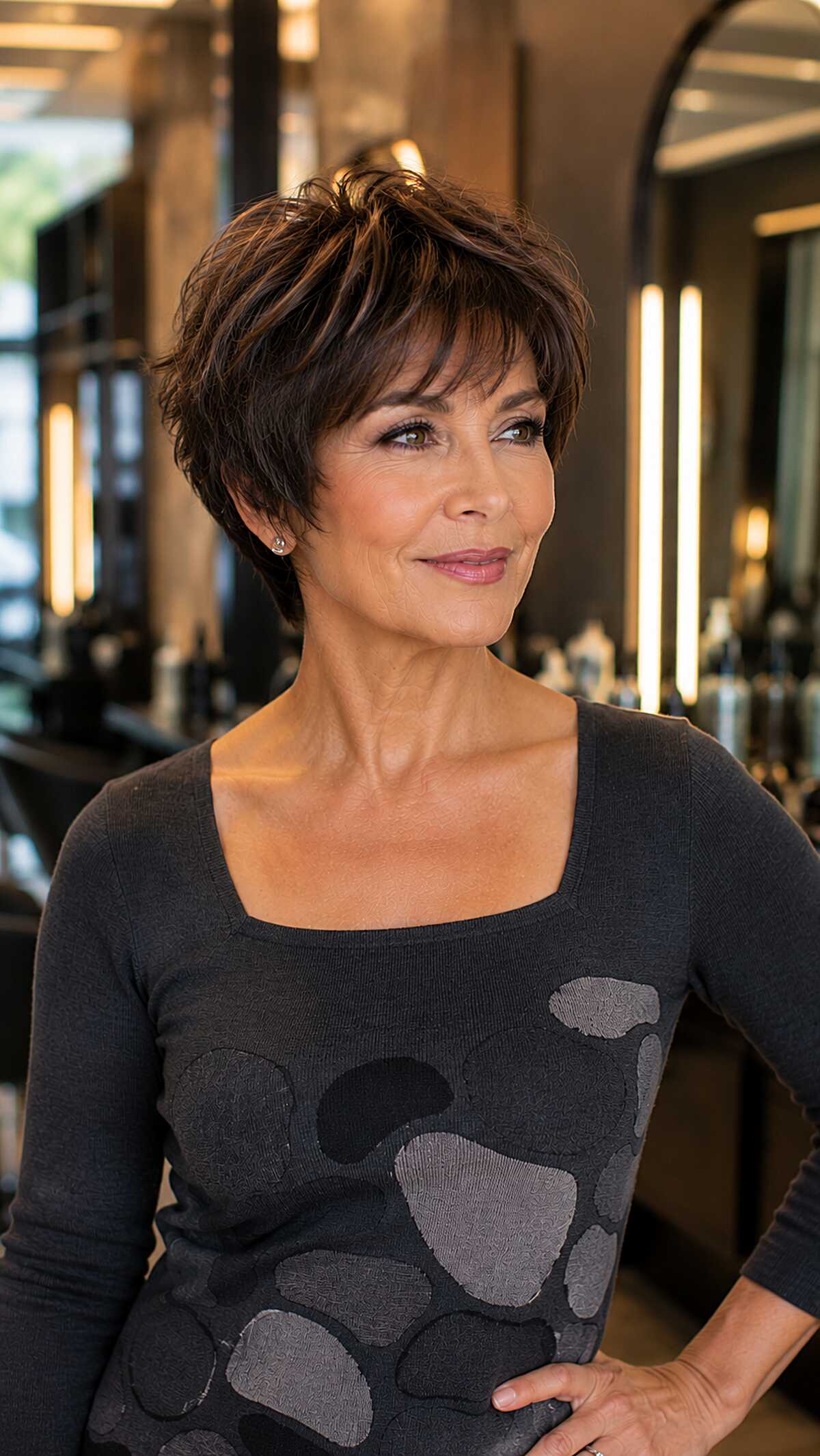 Rich brunette short crop with feathered layers and bangs