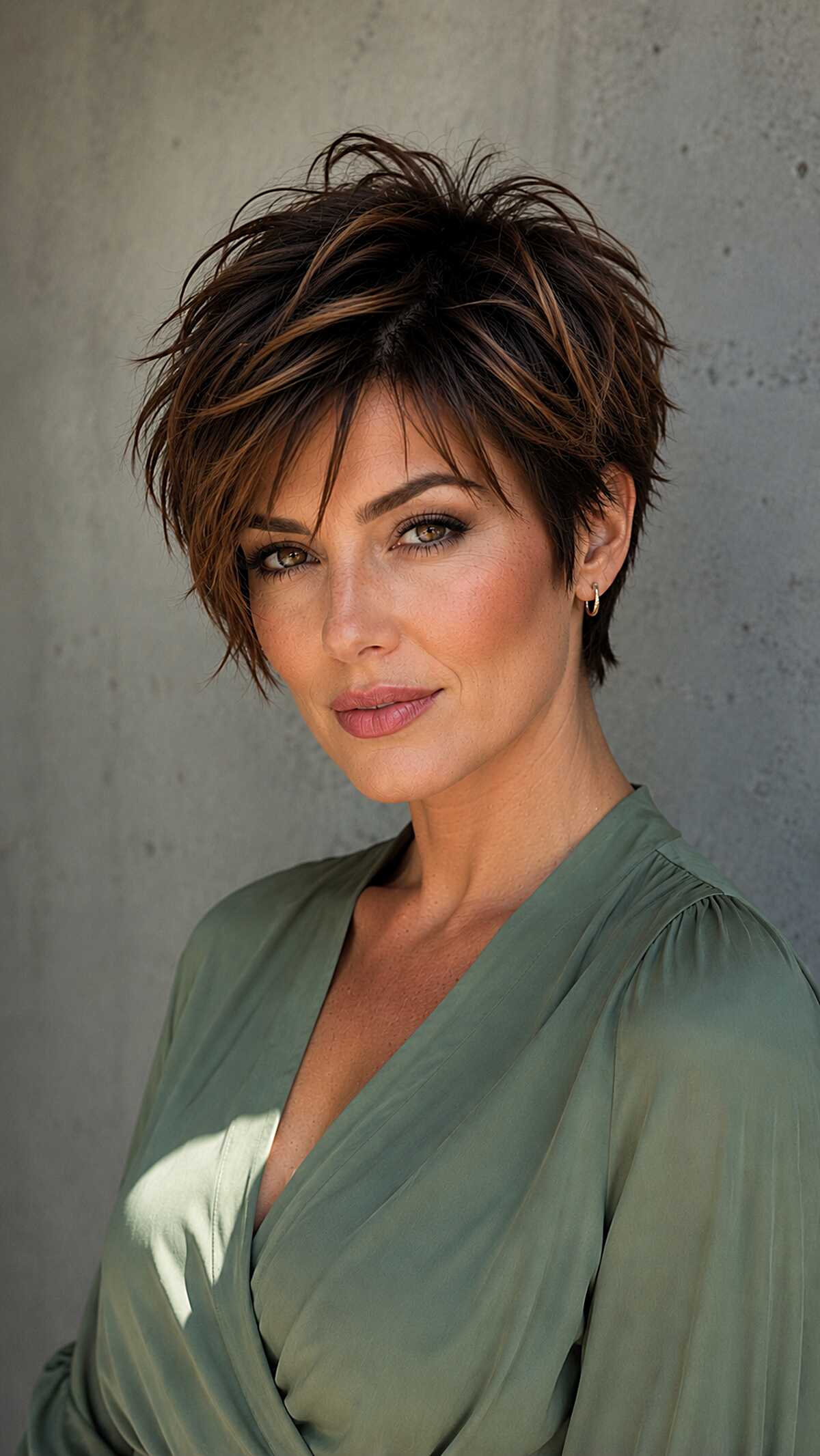 Layered dark brunette shag with caramel highlights