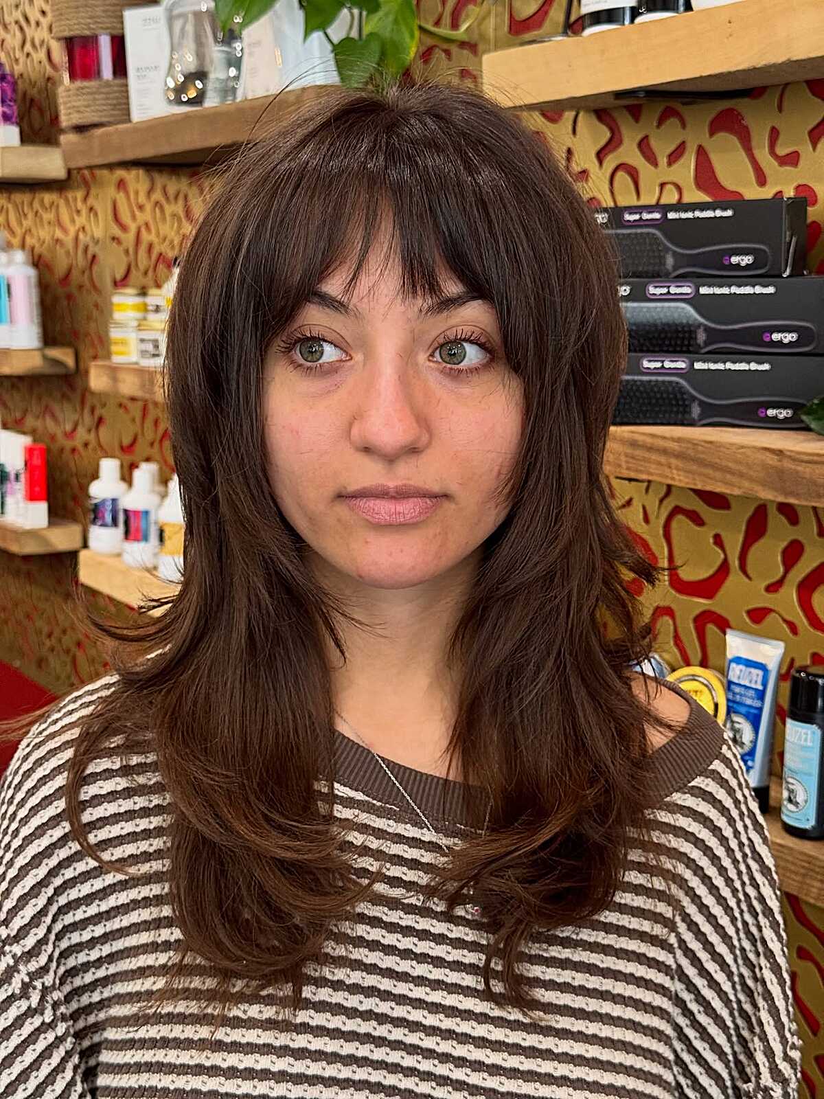 Long dark brunette shag with full thick fringe