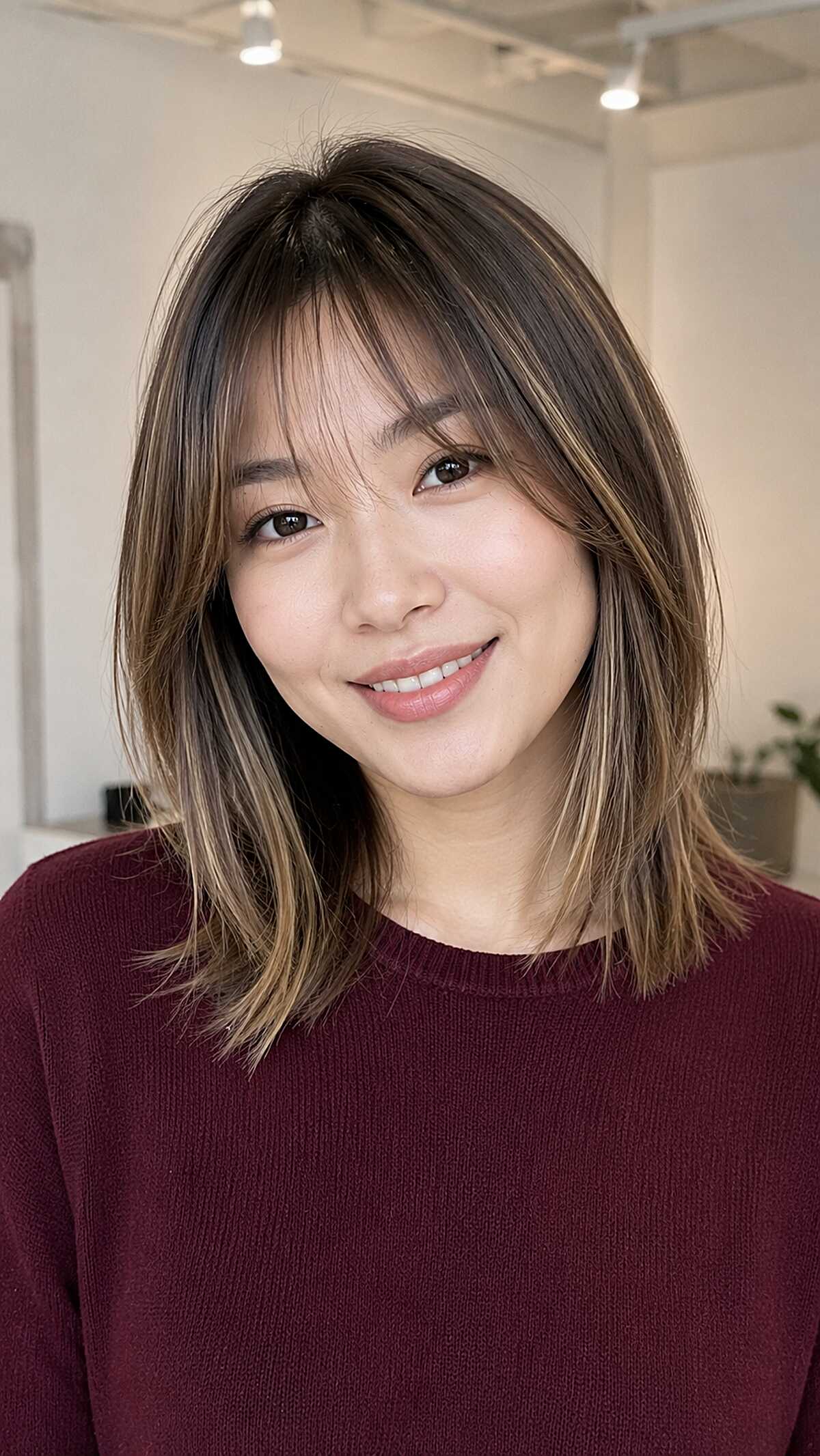 Collarbone Lob with Wispy Bangs and Subtle Honey Ends