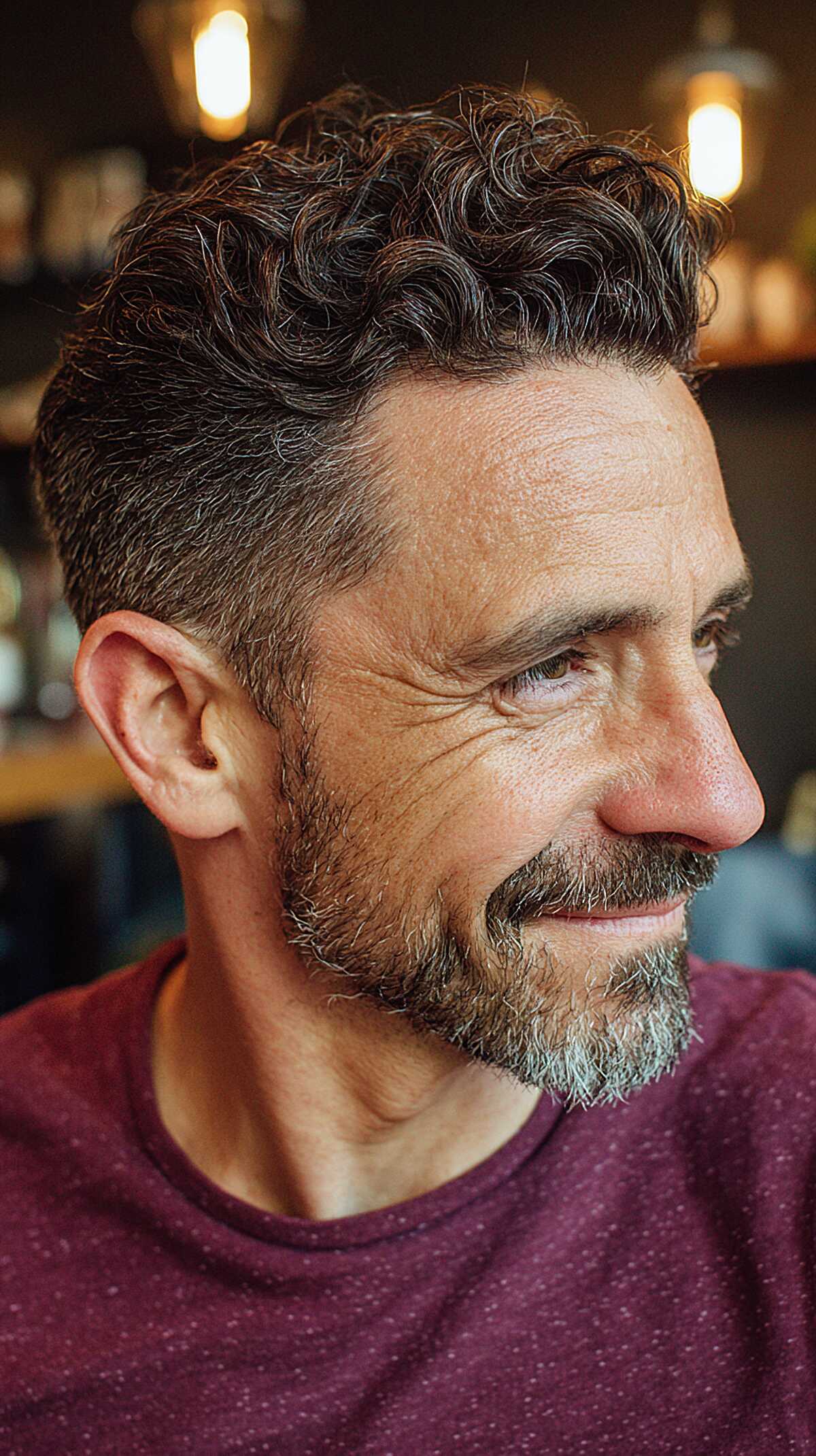 Curly Pomp with a Gentle Taper and Greying Stubble
