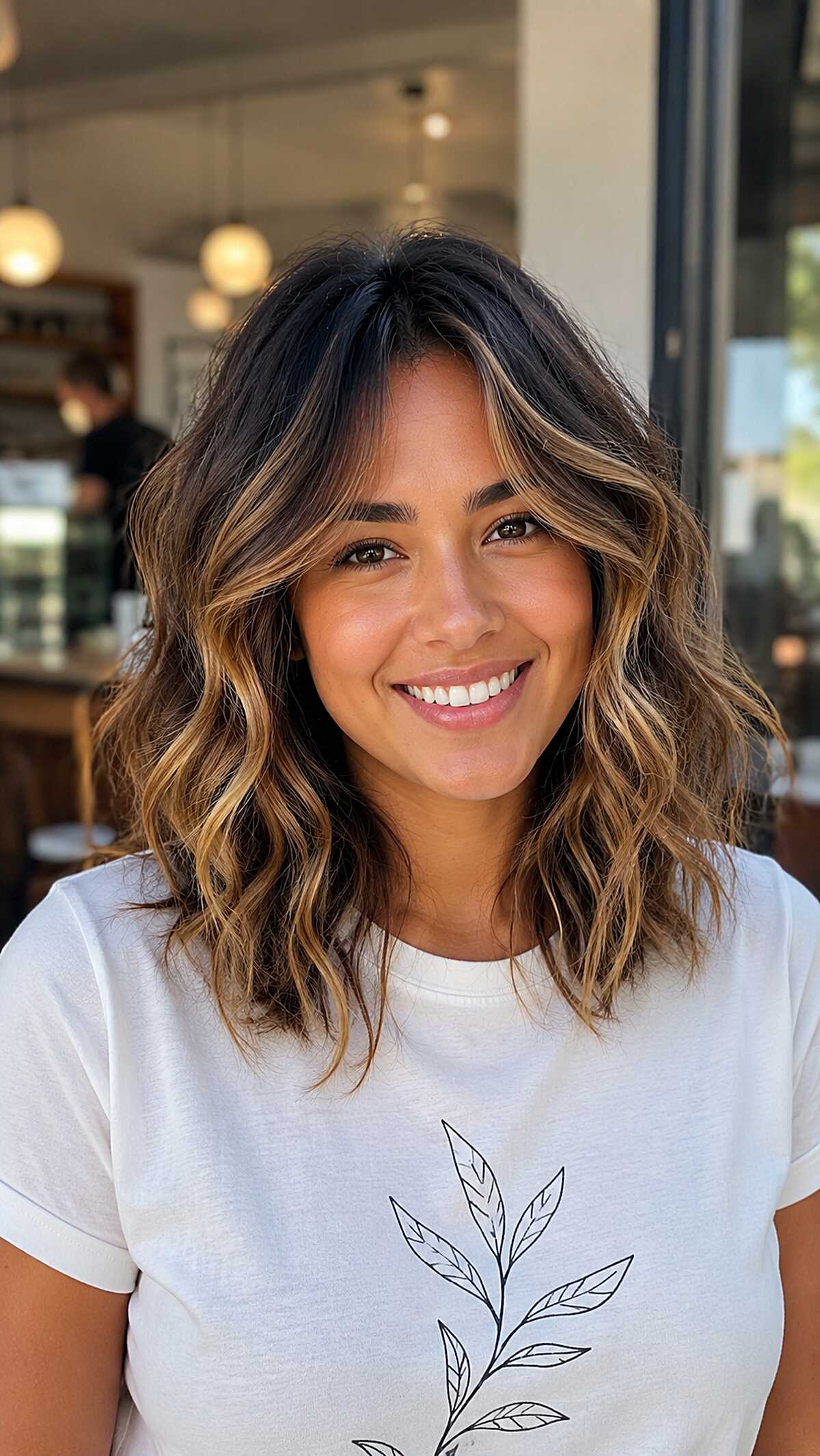 Dark Root Honey Waves on a Textured Collarbone Cut