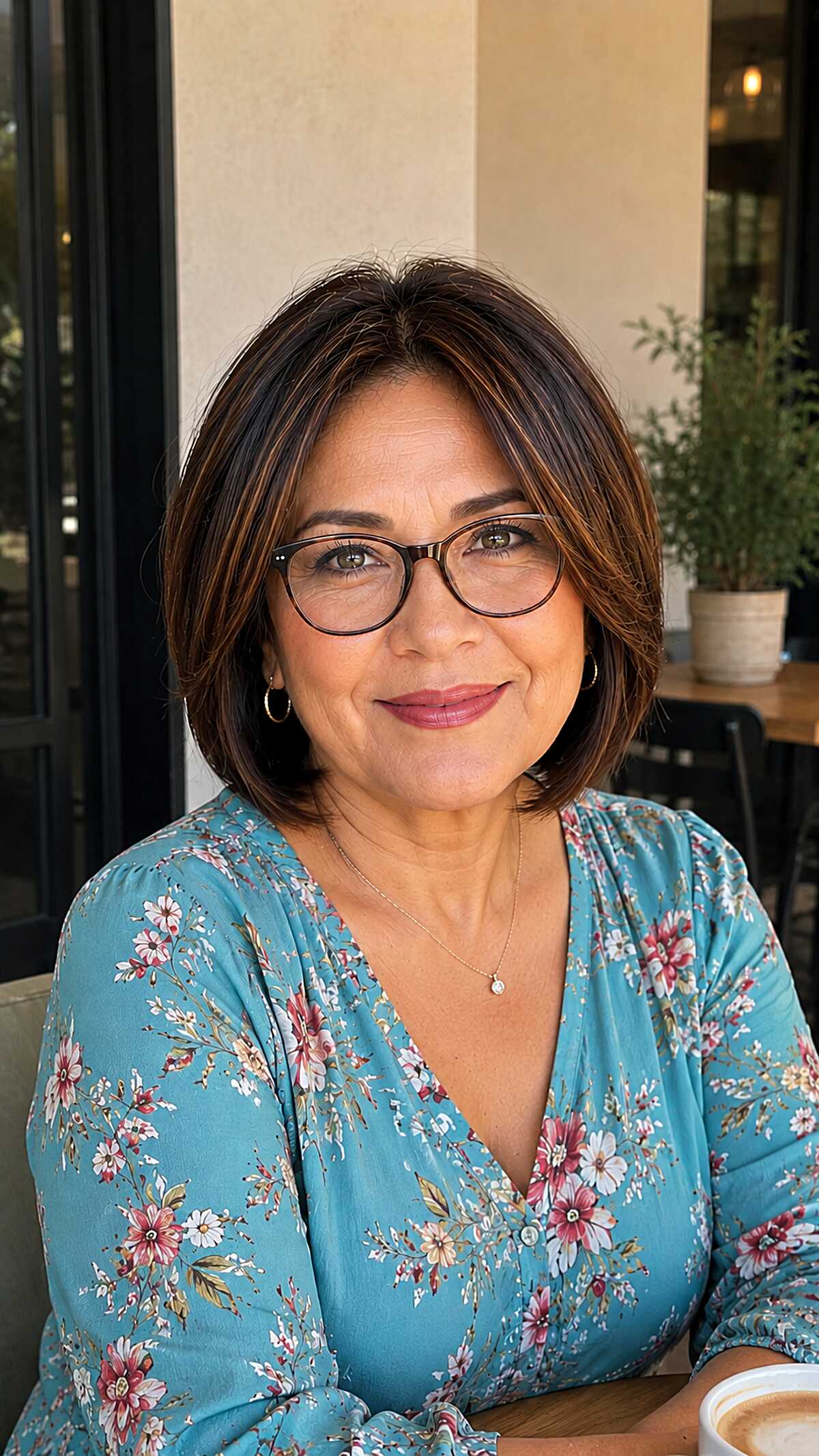 Feathered Dark Brunette Bob with Warm Cinnamon Highlights