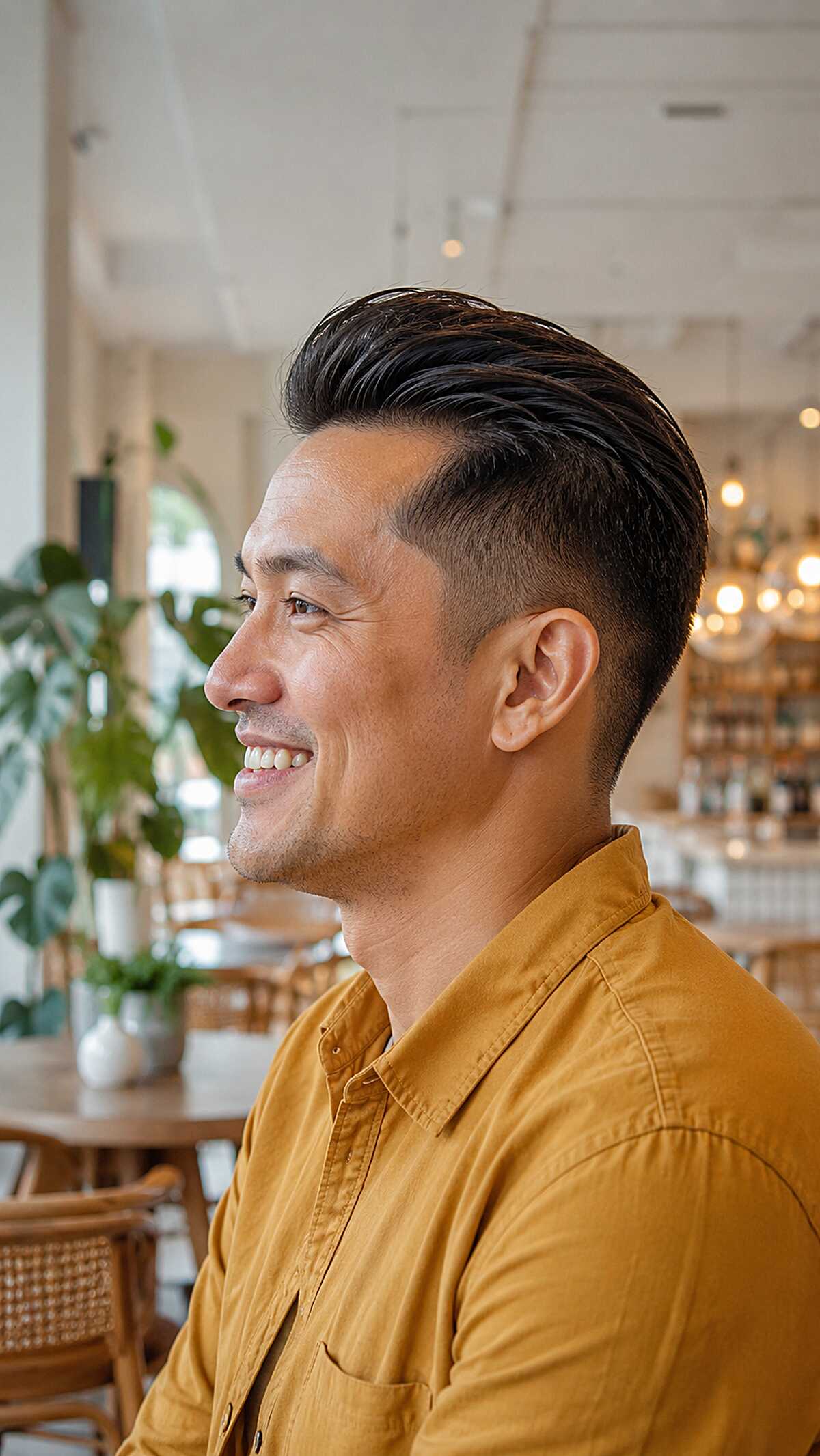 Glossy Swept-Back Pomp with a Shadow Fade on Thick Straight Hair