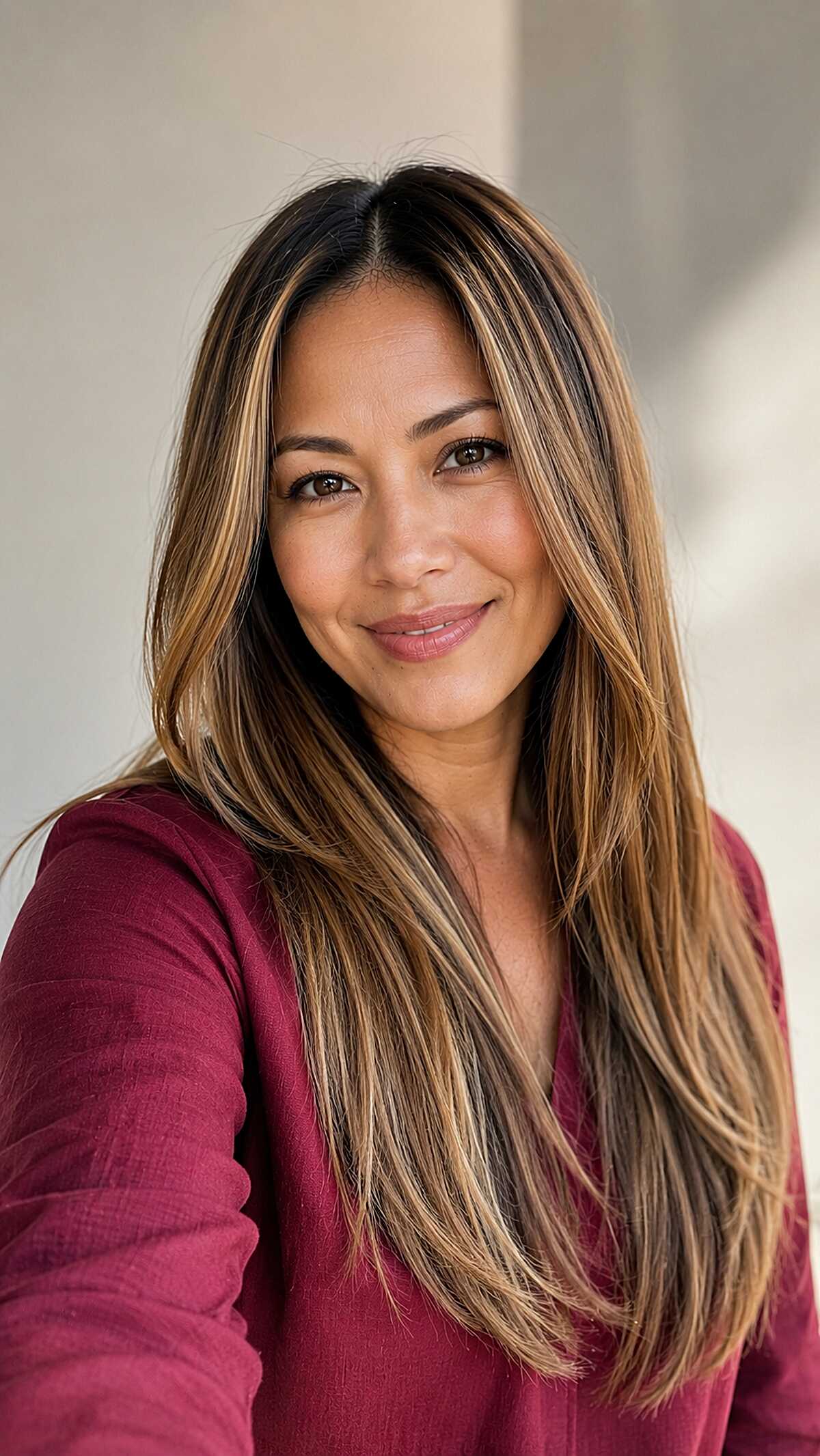 High-Contrast Honey Slices on Sleek Long Layers with a Dark Root