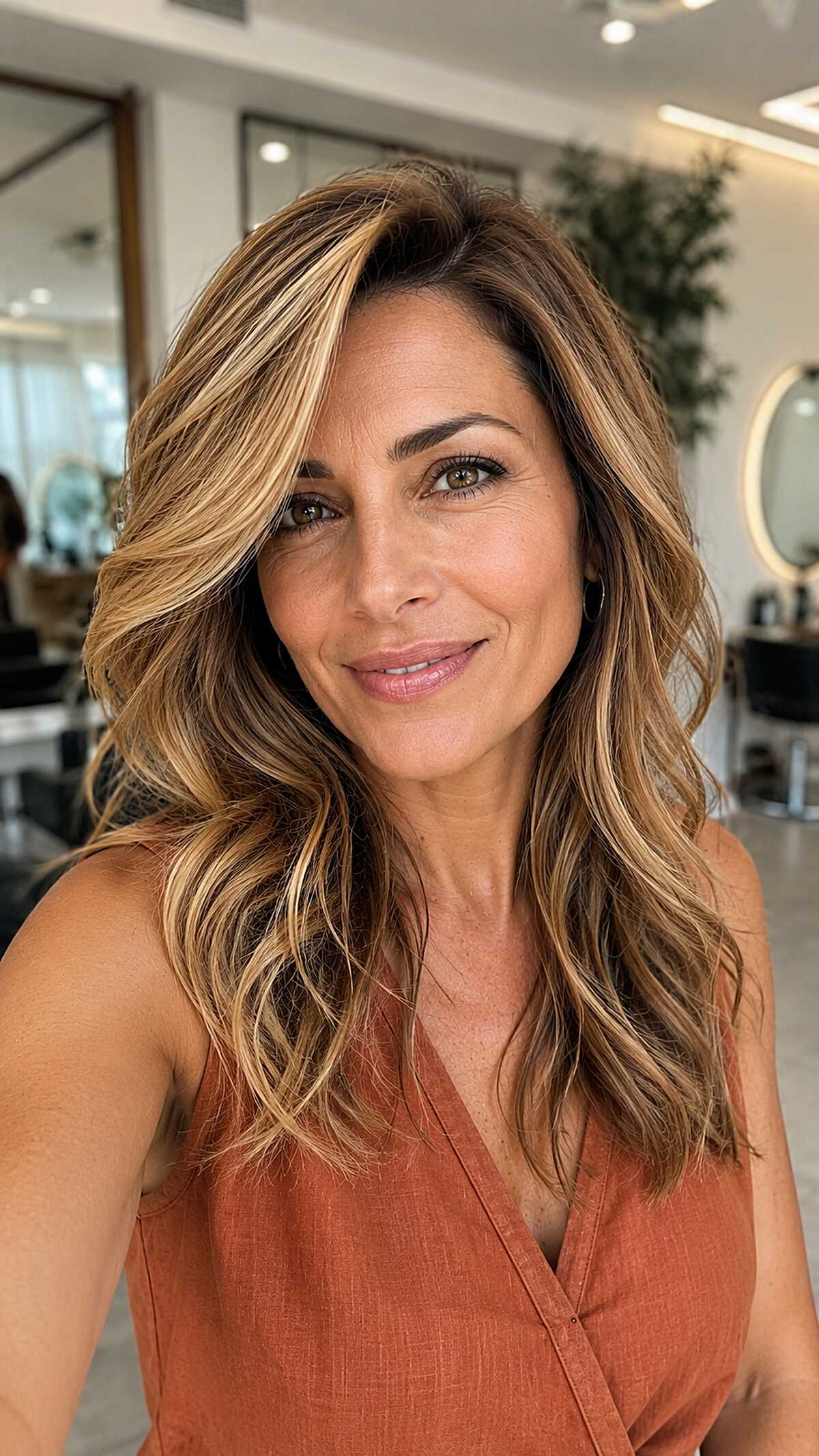 Honey Balayage with Bright Face-Framing Slices on Medium Waves