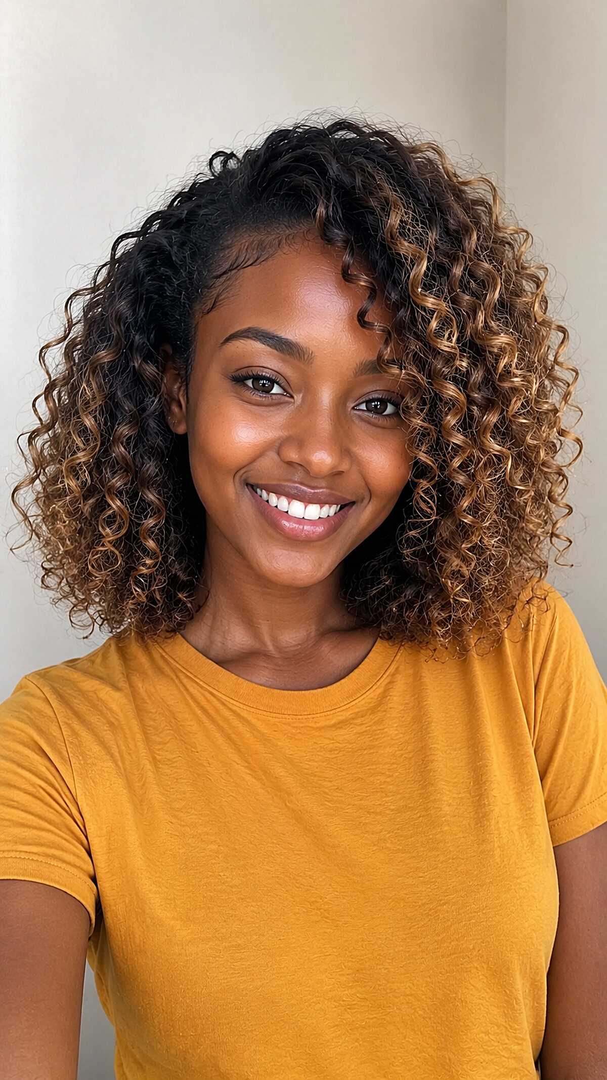 Honey Balayage Catching Light on Shoulder-Length Curls
