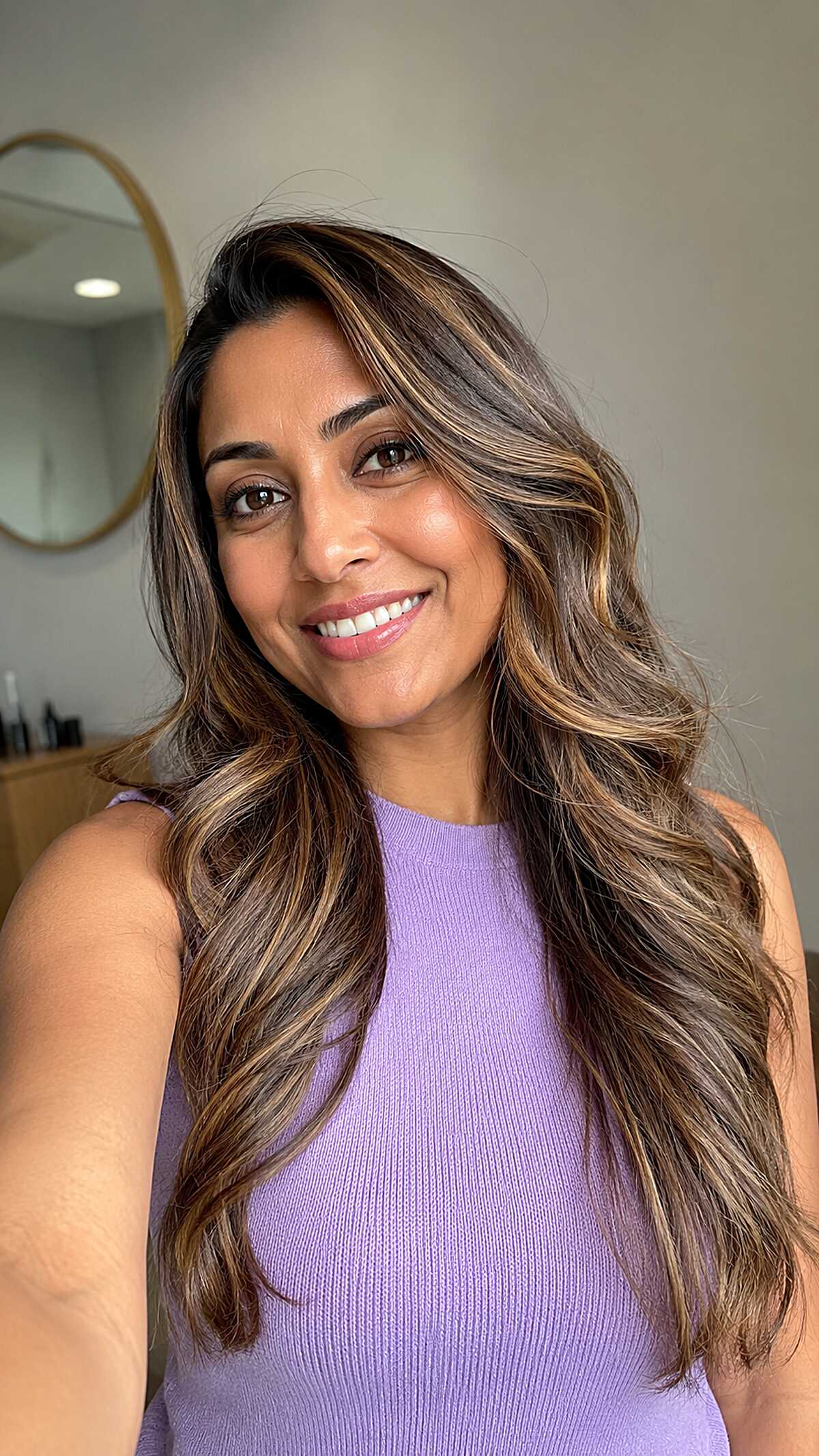 Honey Balayage Face Frame on Long Dark Brown Waves