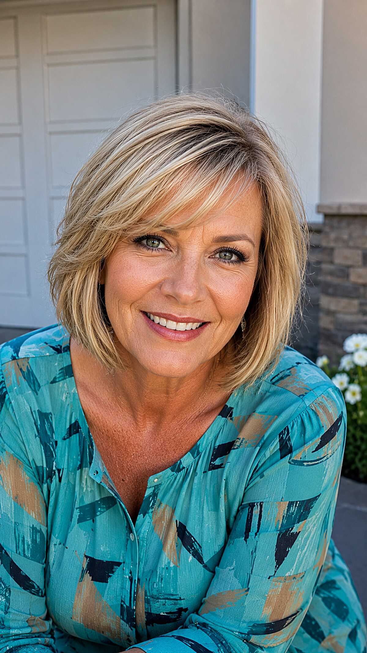 Honey Blonde Layered Bob with Long Swept Bangs