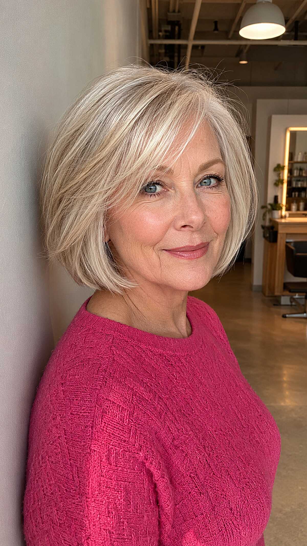 Icy Blonde Chin-Length Bob with Curtain-Swept Fringe
