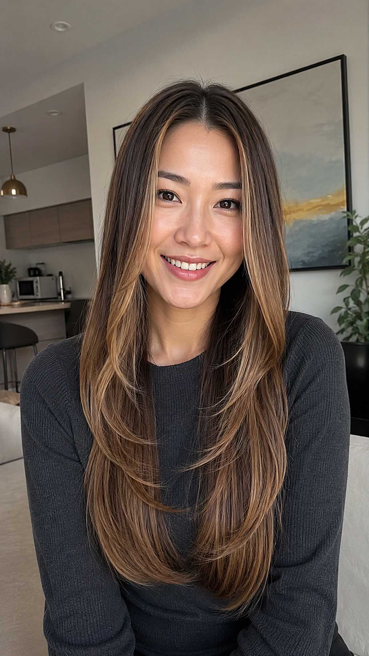 Long Layers with Honey Balayage Framing a Dark Base