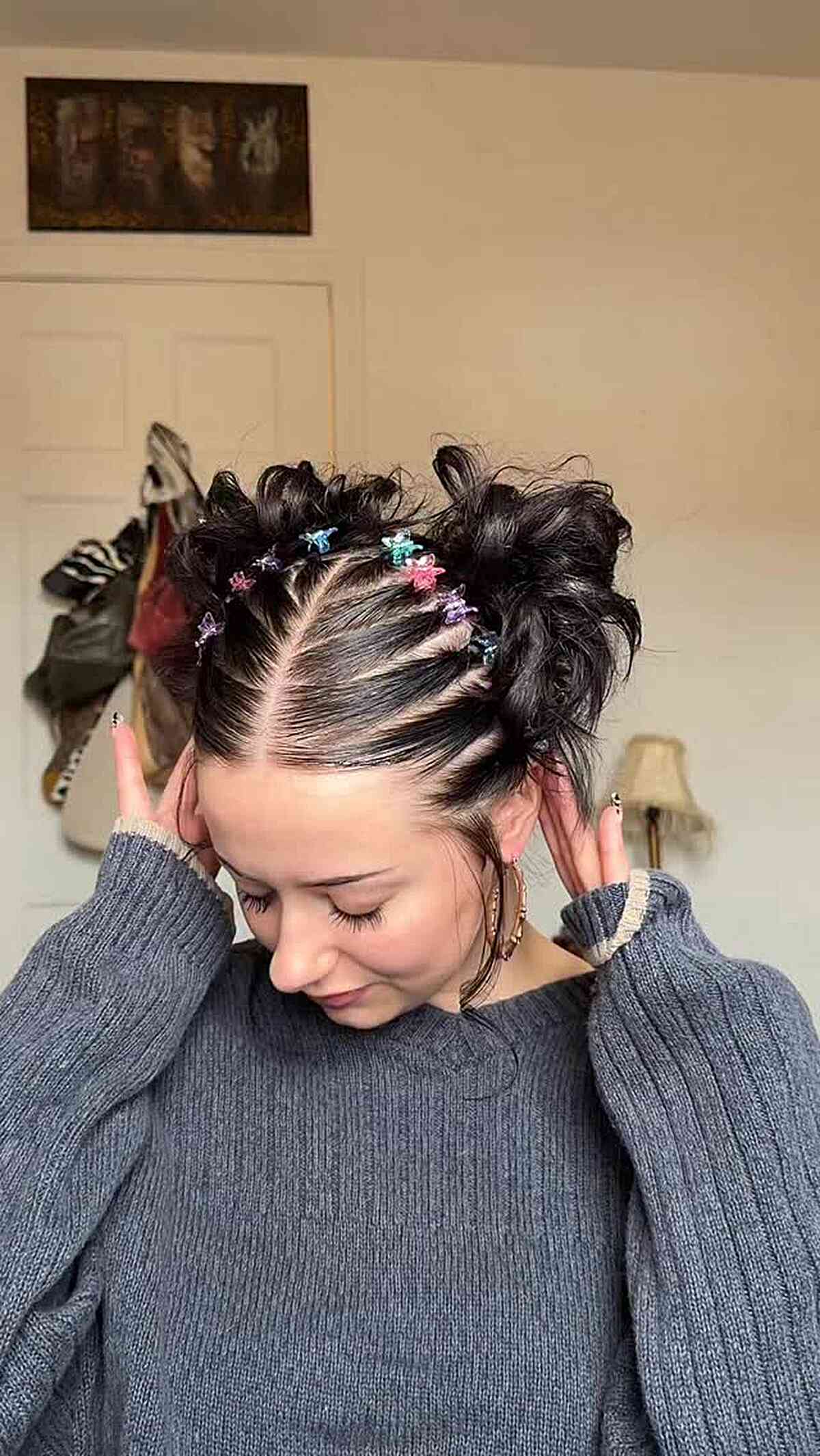 Playful Double Buns with Colorful Clips