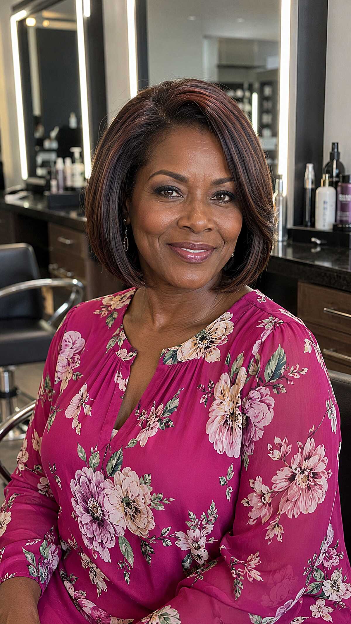 Polished Brunette Bob with Auburn Ribbon Highlights