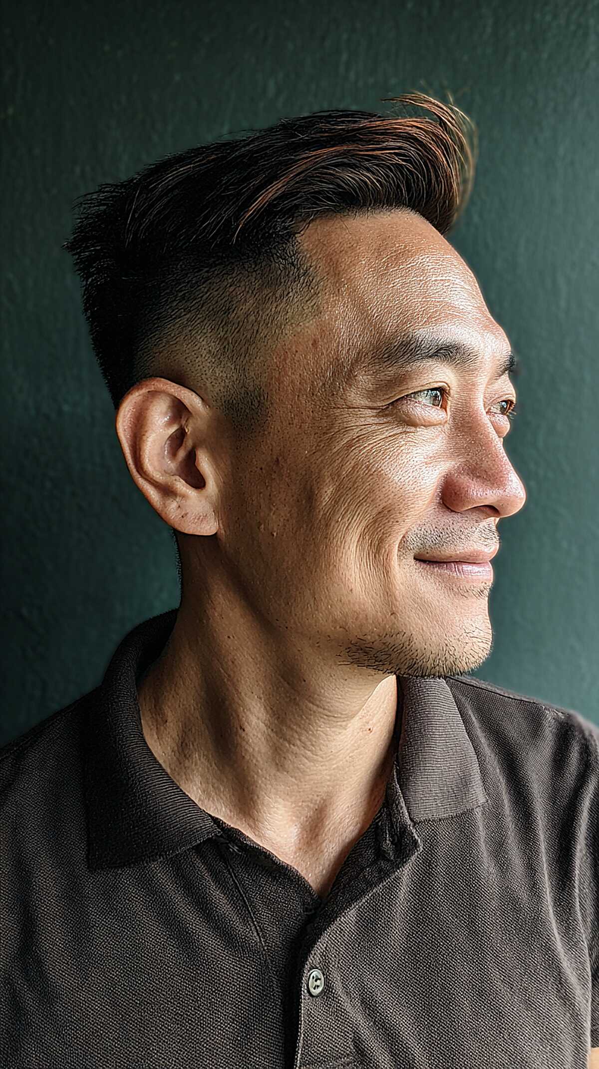 Razor-Sharp Side Fade with a Lifted Front on Straight, Thick Hair