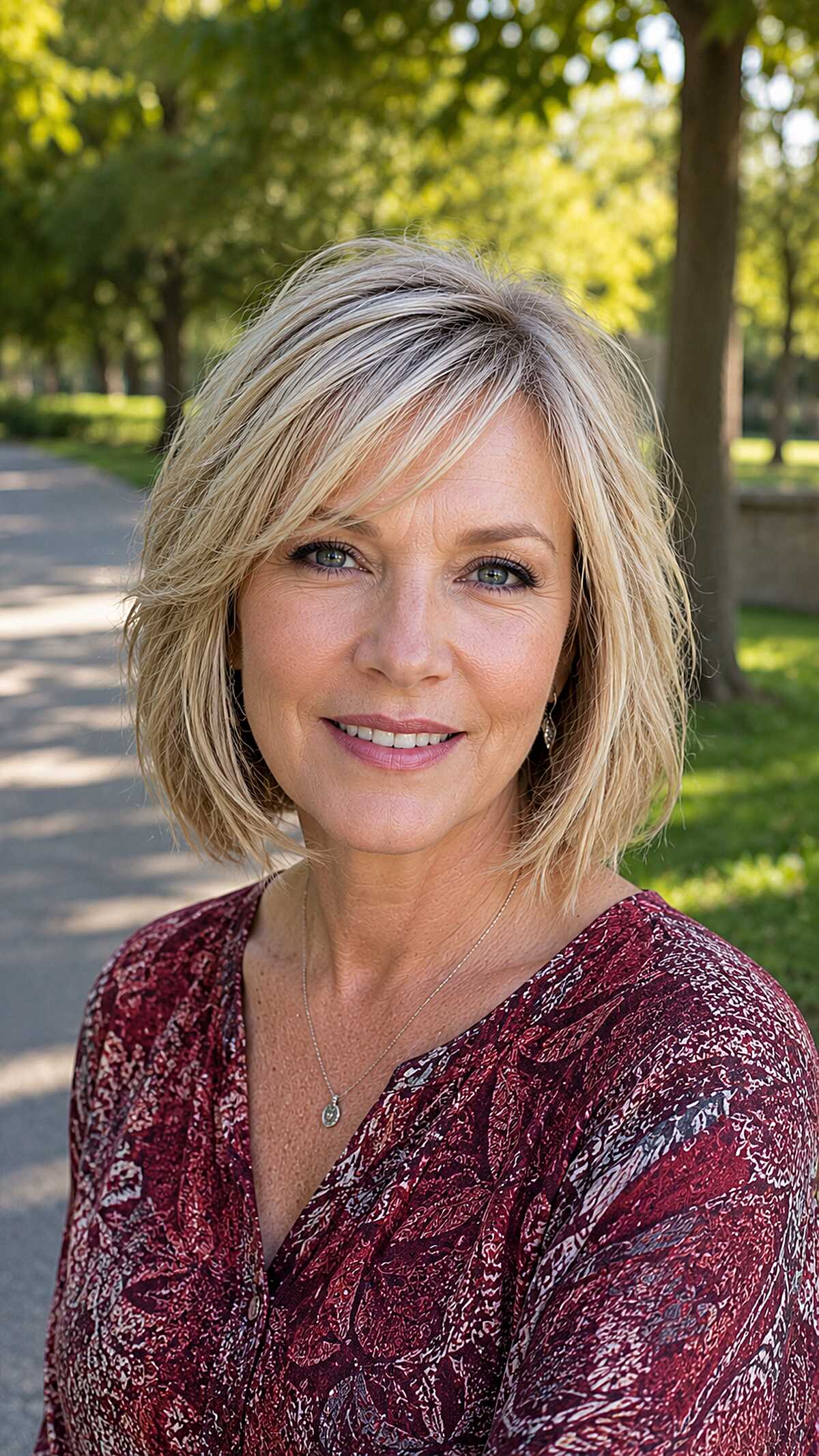 Razored Blonde Bob with Side-Swept Fringe