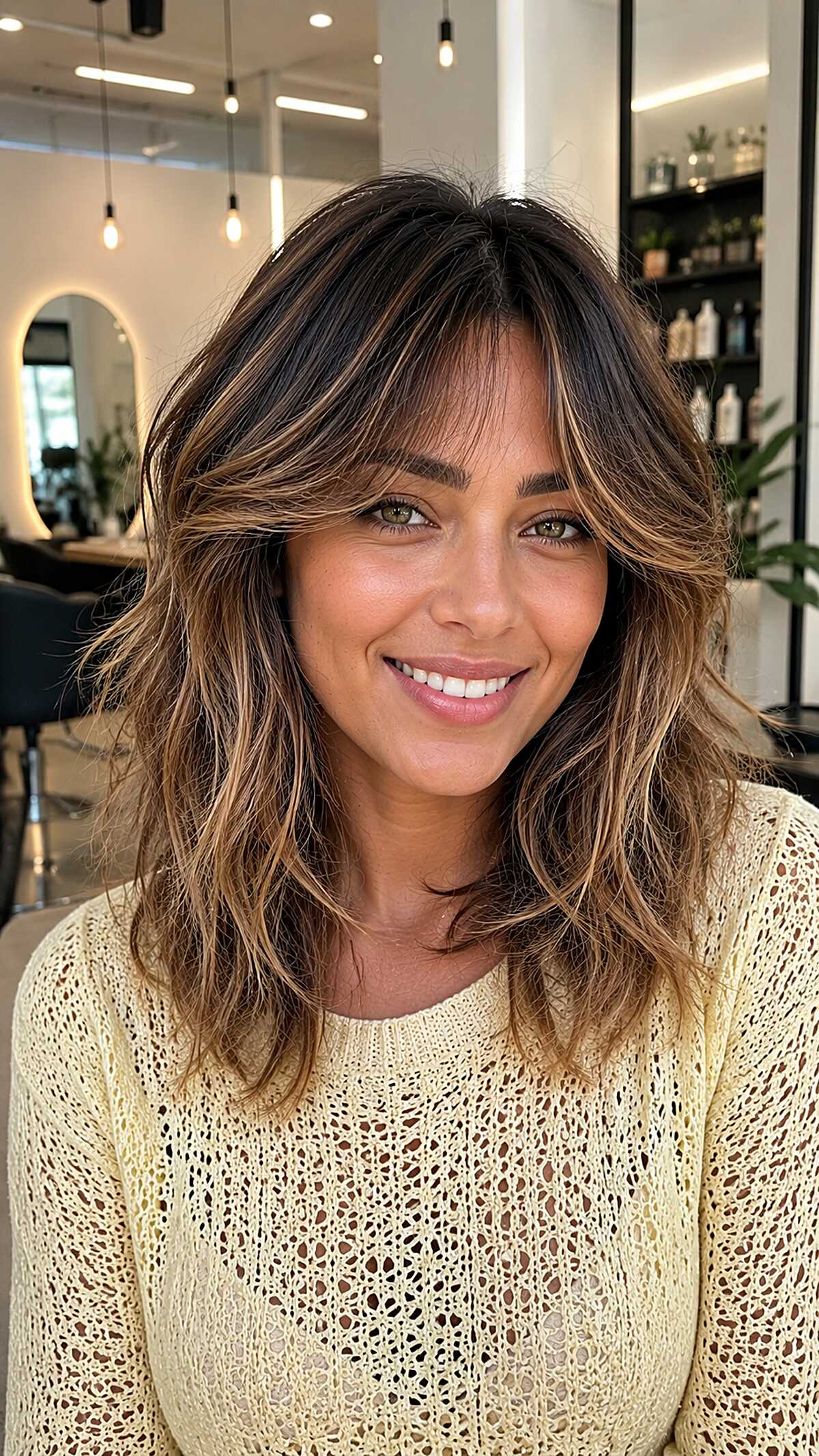 Razored Mid-Length Shag with Honey Balayage and Wispy Fringe on a Dark Base