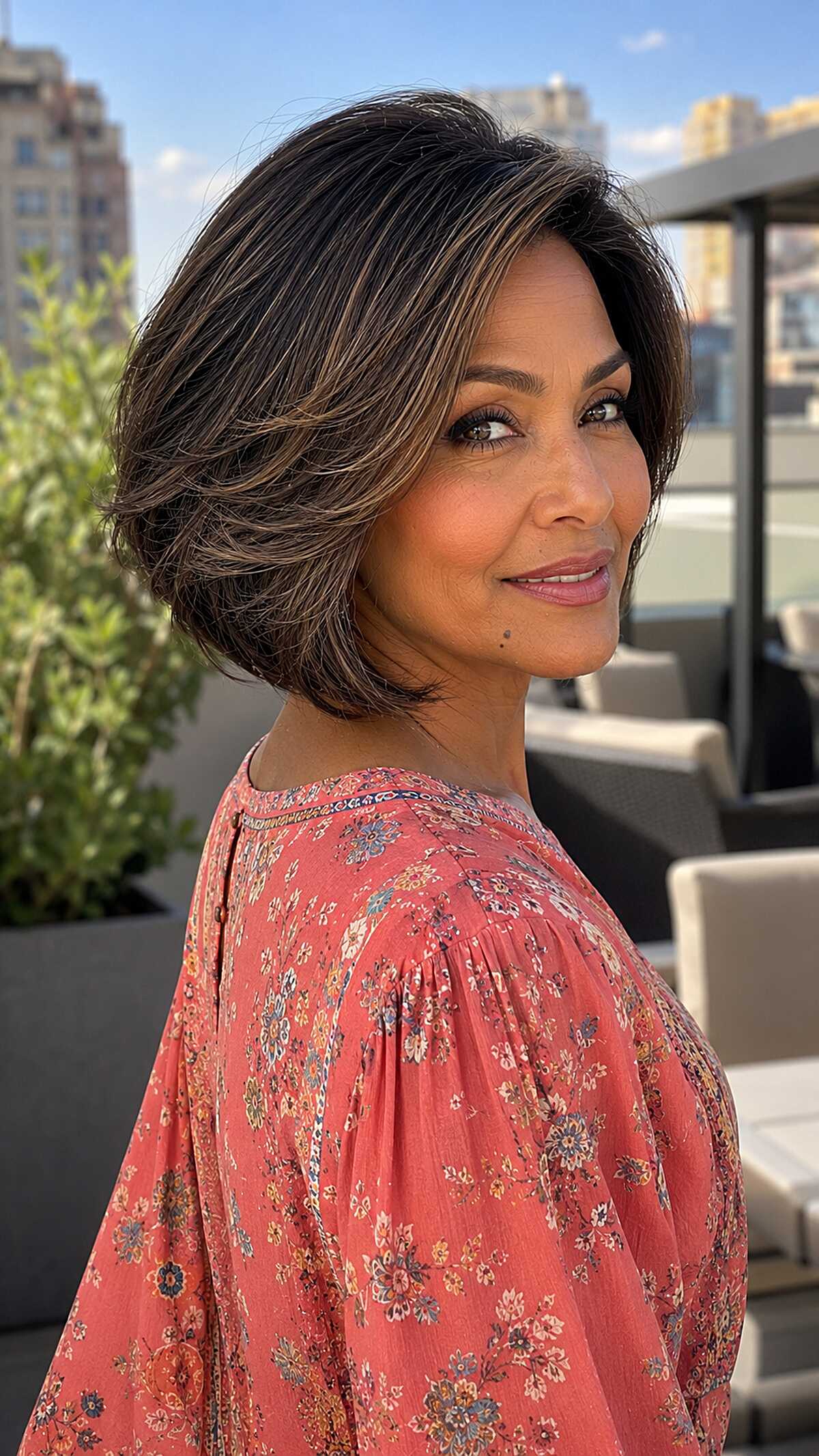 Rounded Dark Bob with Fine Caramel Lowlights