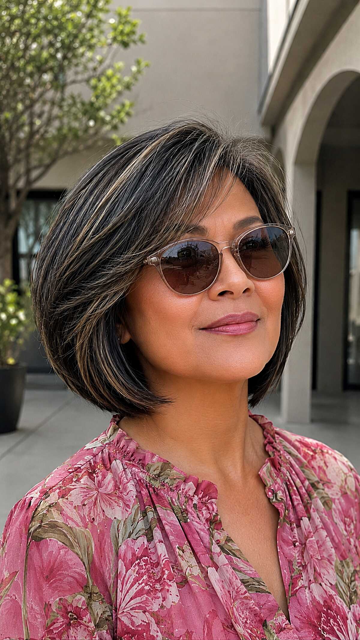 Salt and Pepper Chin-Length Bob with Feathered Ends
