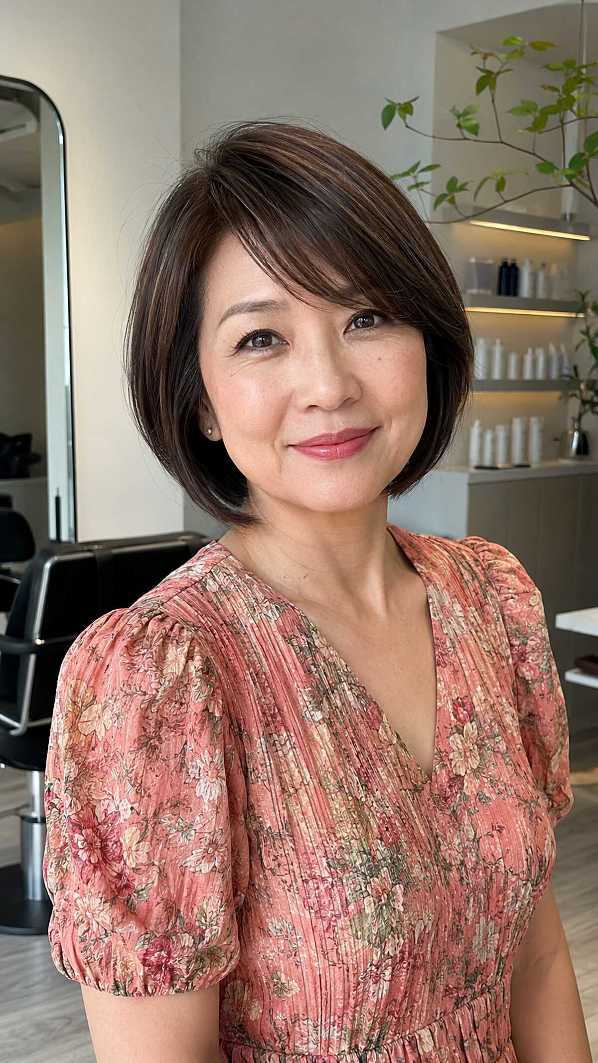 Soft Brunette Graduated Bob with Feathered Side Bangs