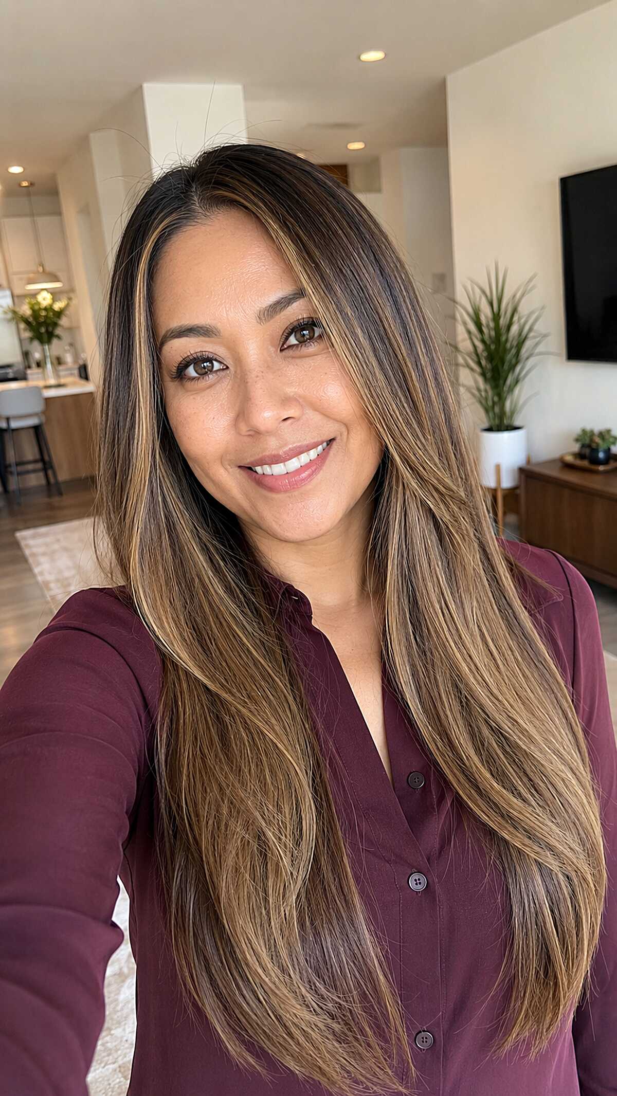 Straight Honey Balayage Ribbons on Long Dark Hair with a Center Part