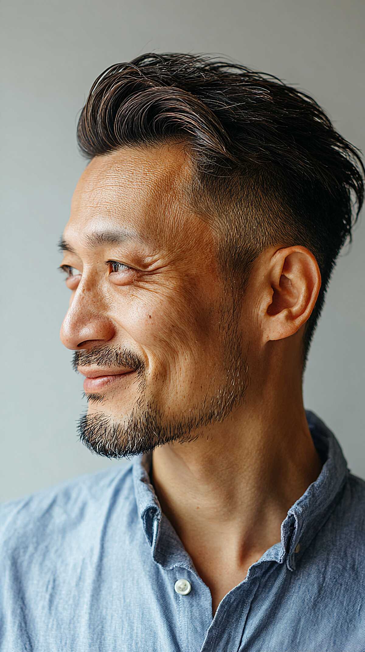Swept-Back Texture Pomp with a Grown-Out Temple Taper