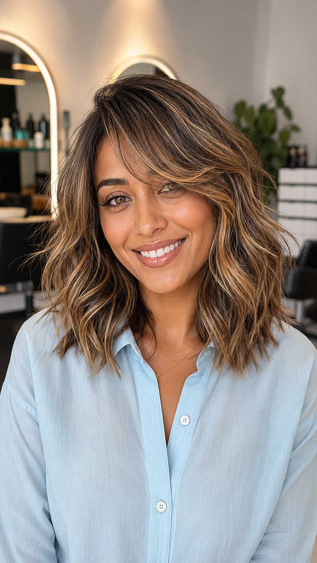 Textured Collarbone Chop with Honey Ribbons and a Side-Swept Fringe