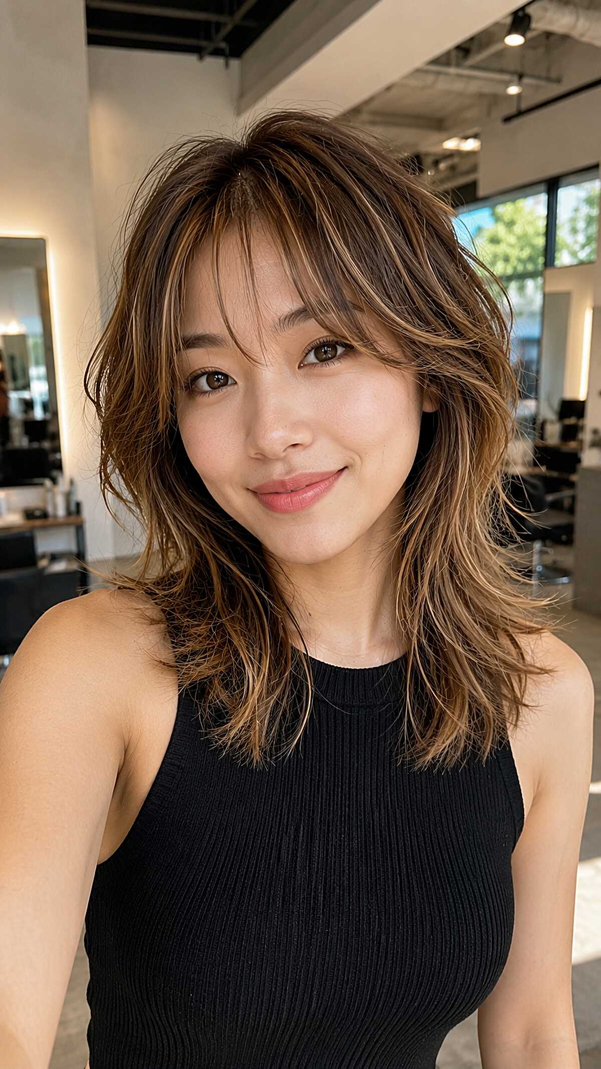 Tousled Shoulder-Length Shag with Honey Pieces Woven Through a Dark Base