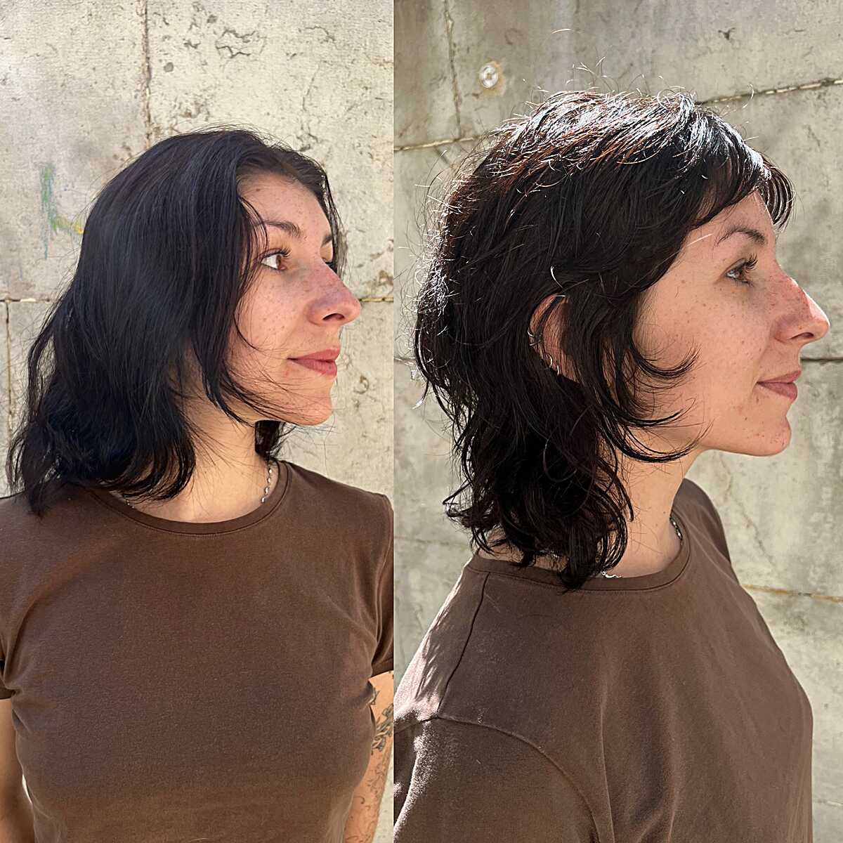 Before and after dark wavy shag with bangs and layers
