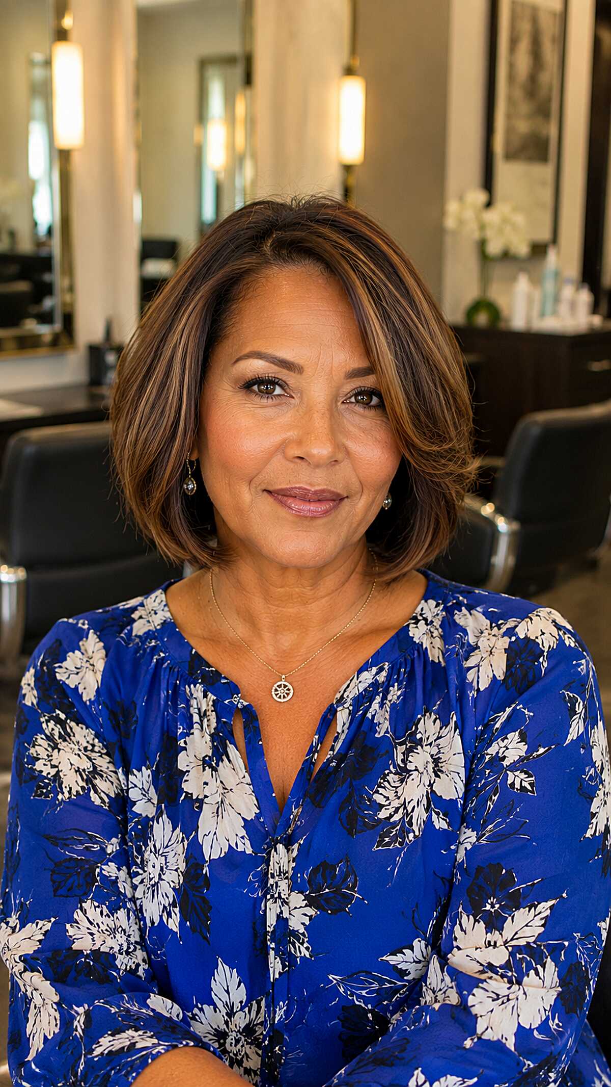 Warm Brunette Chin-Length Bob with Caramel Ribbons