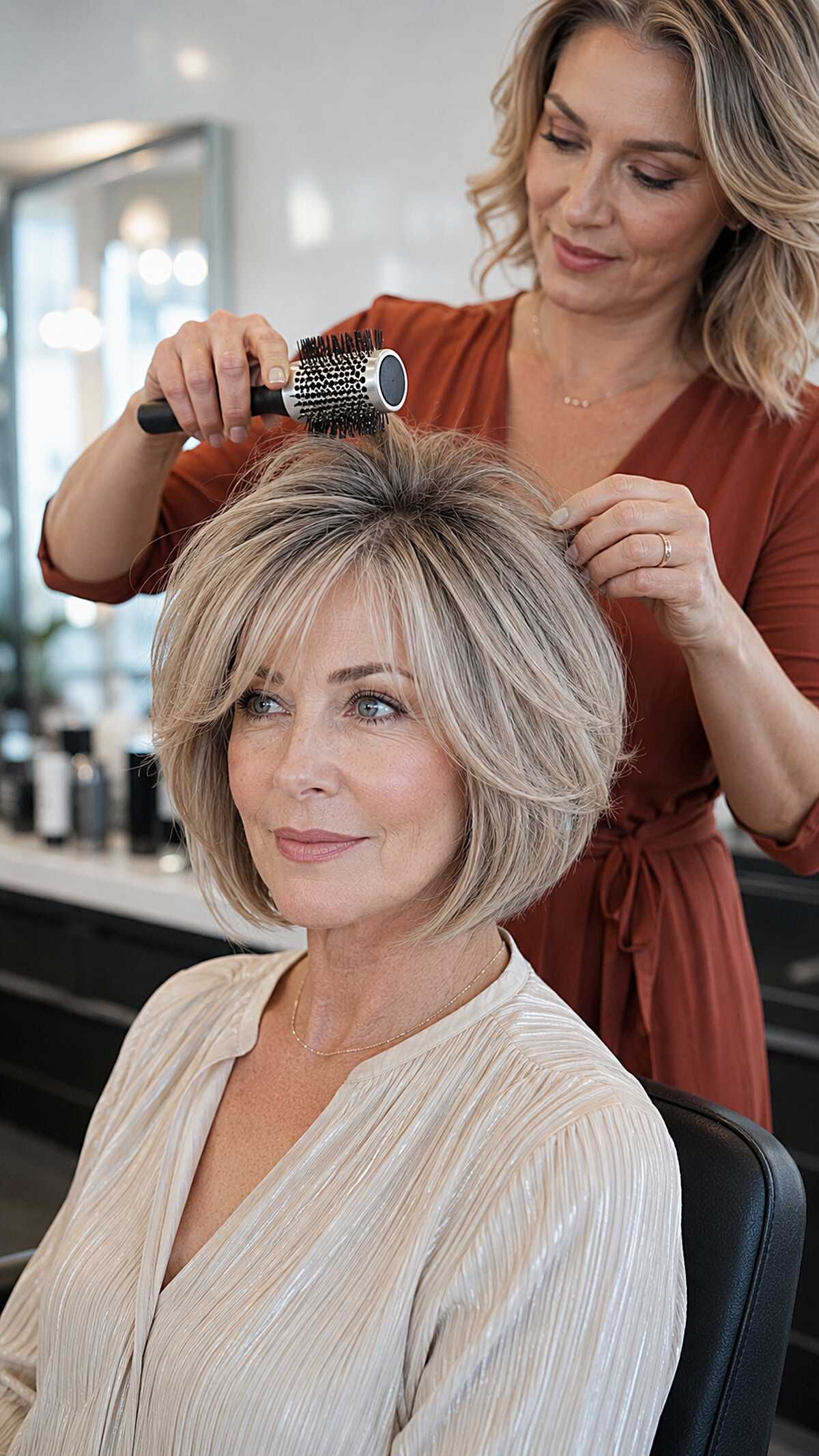 Ash blonde rounded bob with face-framing layers at salon