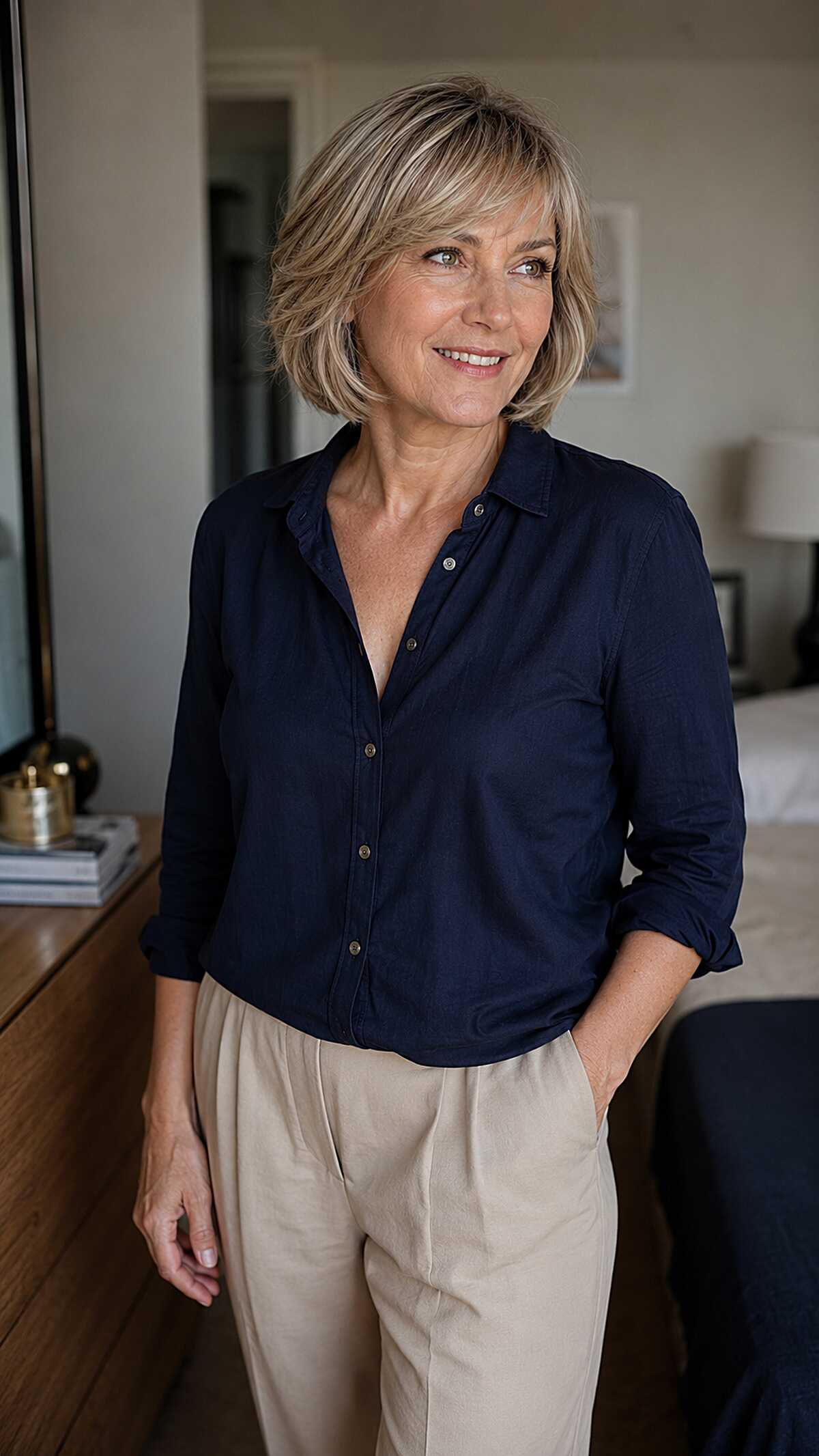 Breezy layered blonde bob with flipped-out ends